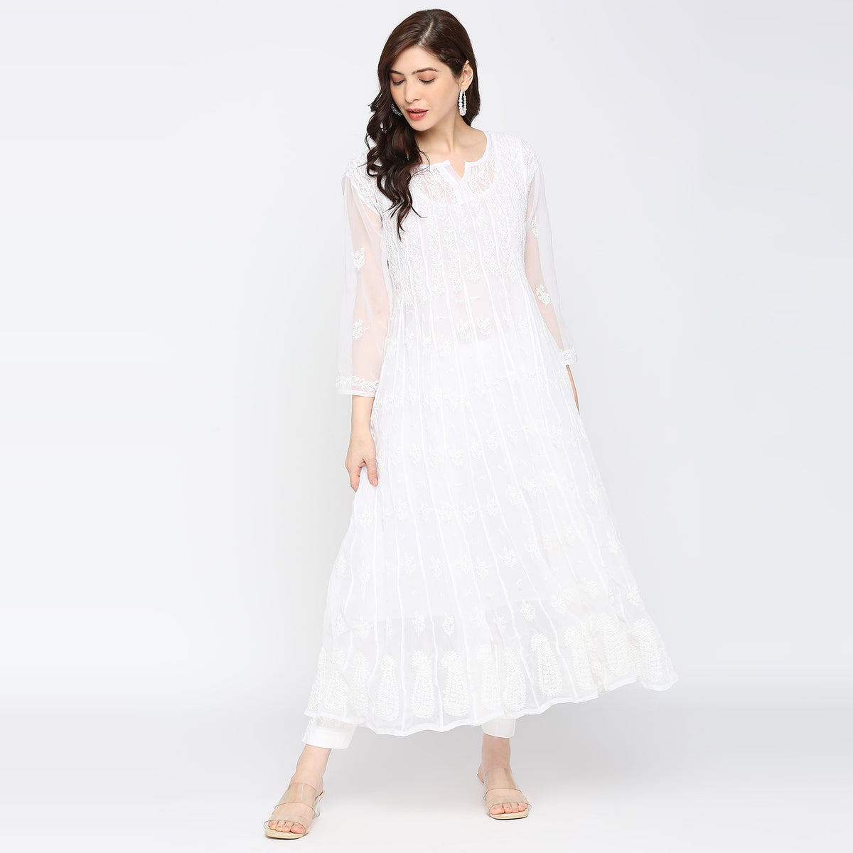 Lucknow Chikankari Hand embroidered 56Kali  Anarkali Kurta