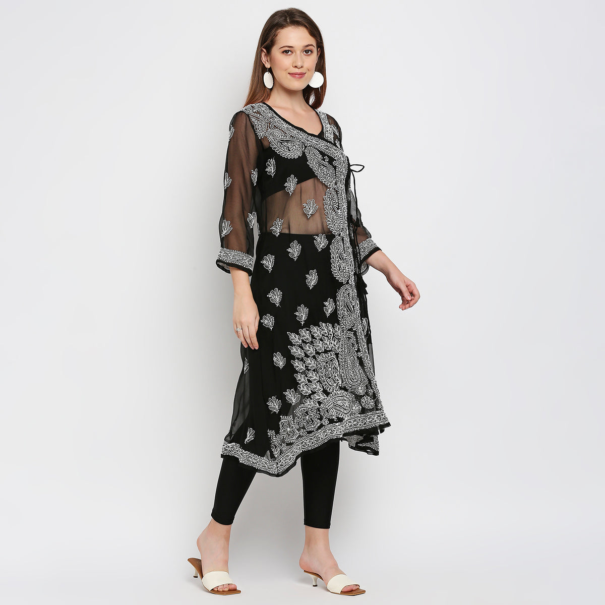 Lucknow Chikankari Hand Embroidered Angrakha Long Kurti, Georgette