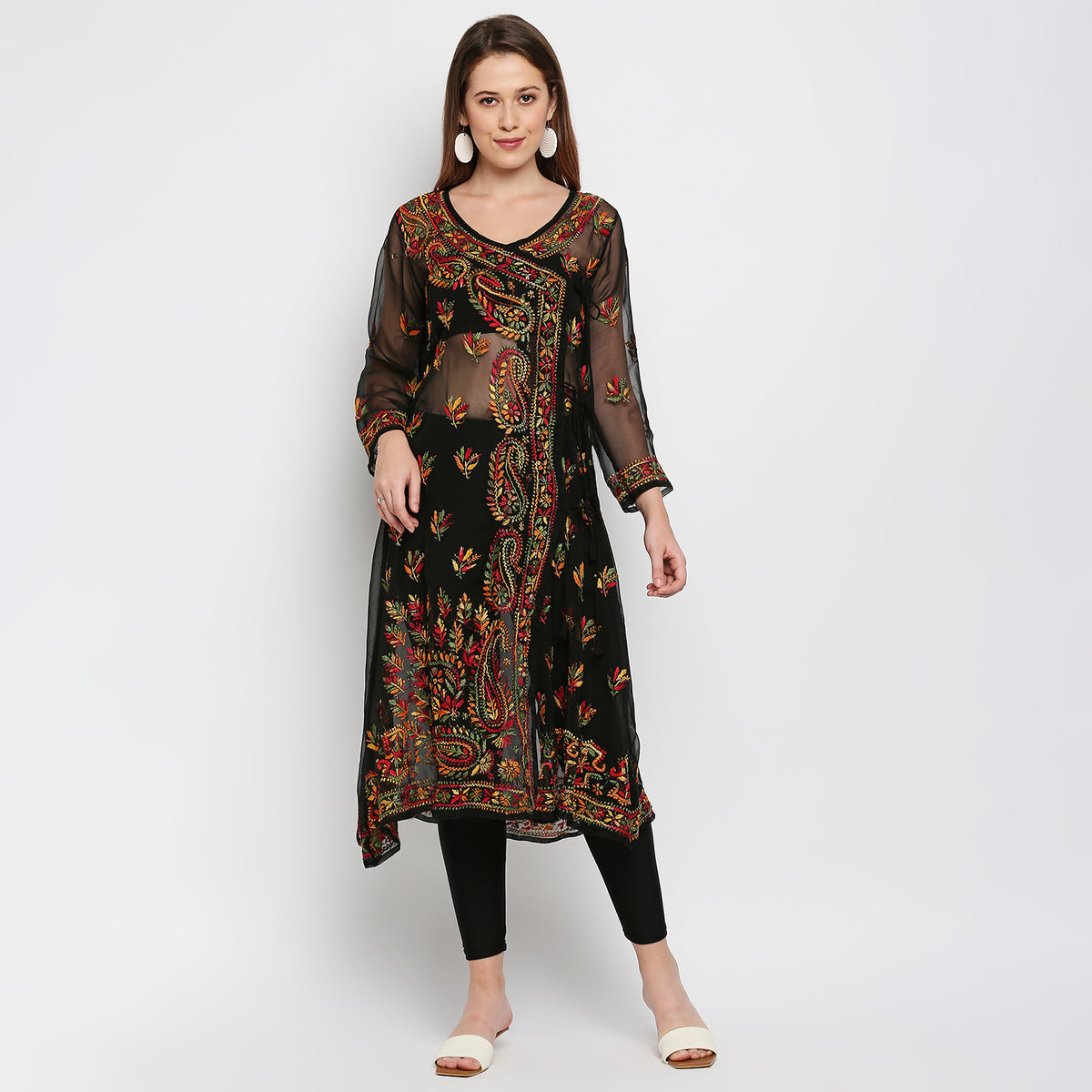 Lucknow Chikankari Hand Embroidered Angrakha Long Kurti, Georgette