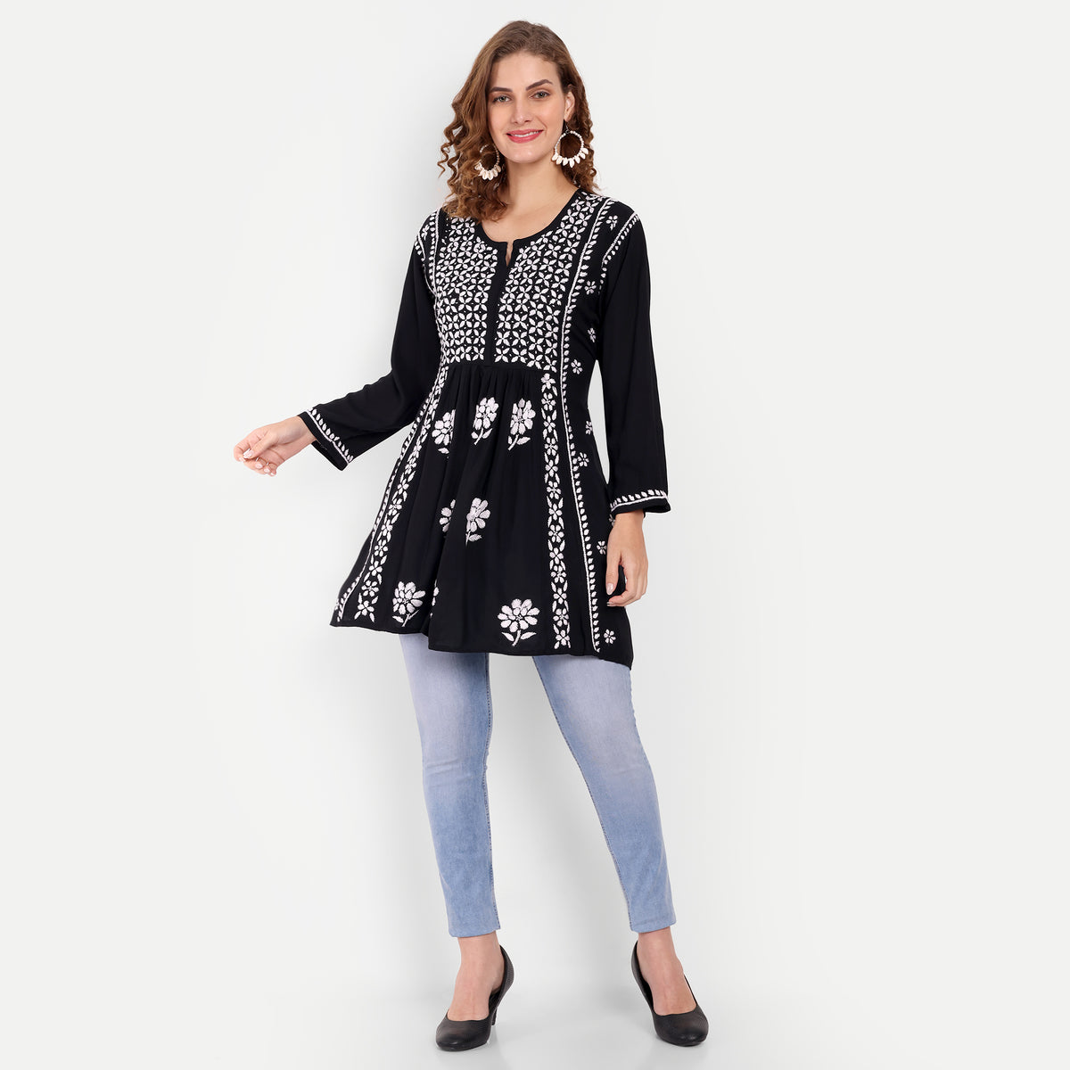 Lucknow Chikankari Hand Embroidered Peplum Fit and Flared Top Short Kurta