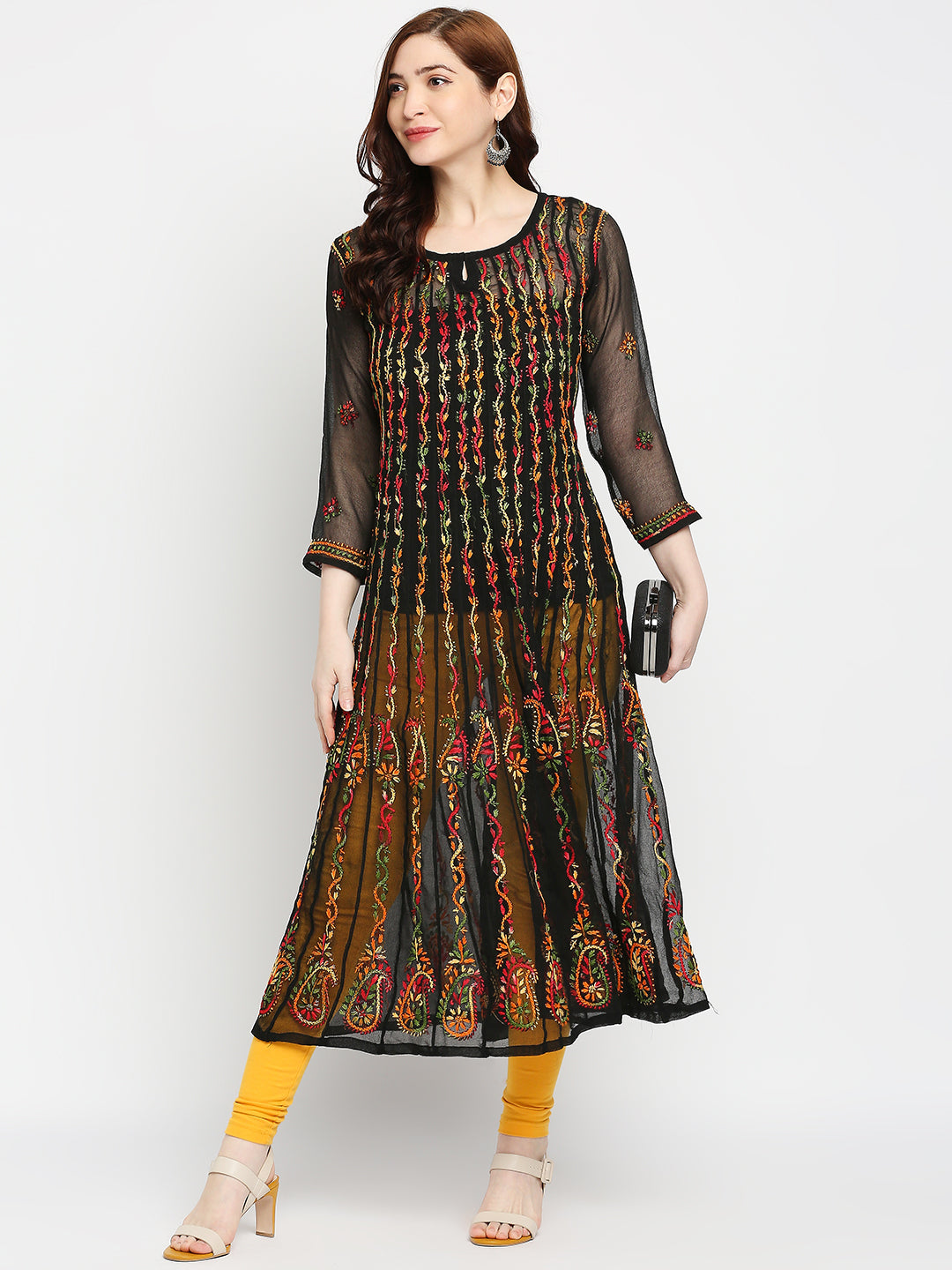 Indian Women Black Printed Kurta Kurti Long Anarkali Flared Dress Pakistani  New | eBay