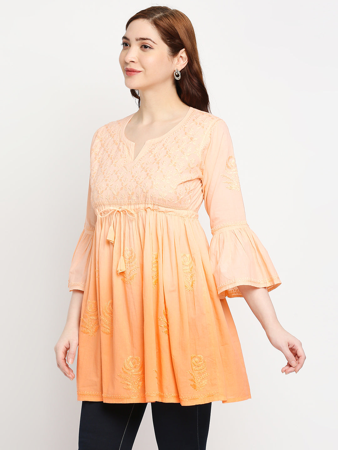 Lucknow Chikankari Hand Embroidered Peplum Fit and Flared Top Shaded Short Kurta for Women, Cotton