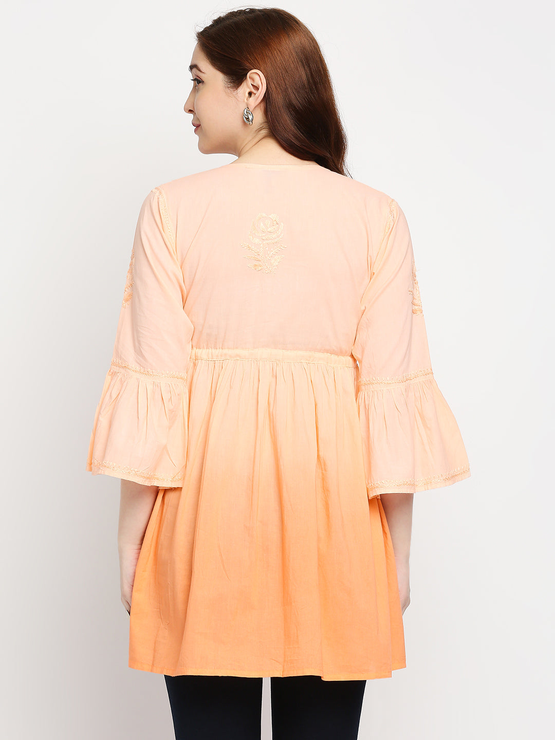 Lucknow Chikankari Hand Embroidered Peplum Fit and Flared Top Shaded Short Kurta for Women, Cotton
