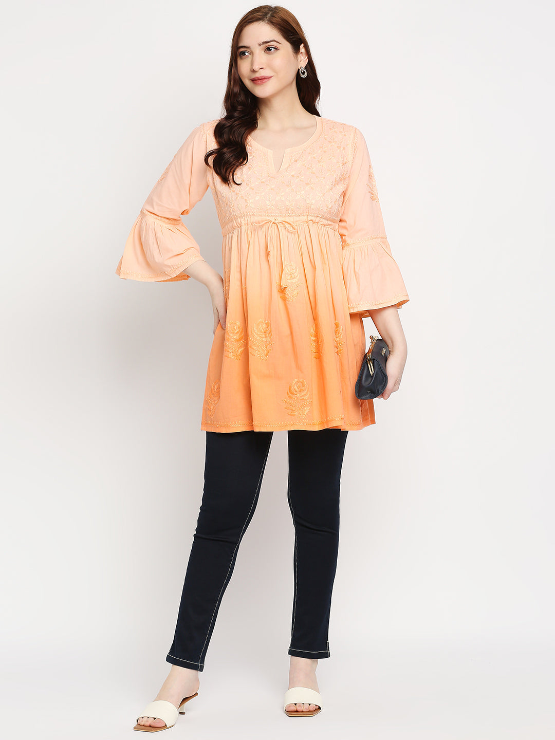 Lucknow Chikankari Hand Embroidered Peplum Fit and Flared Top Shaded Short Kurta for Women, Cotton