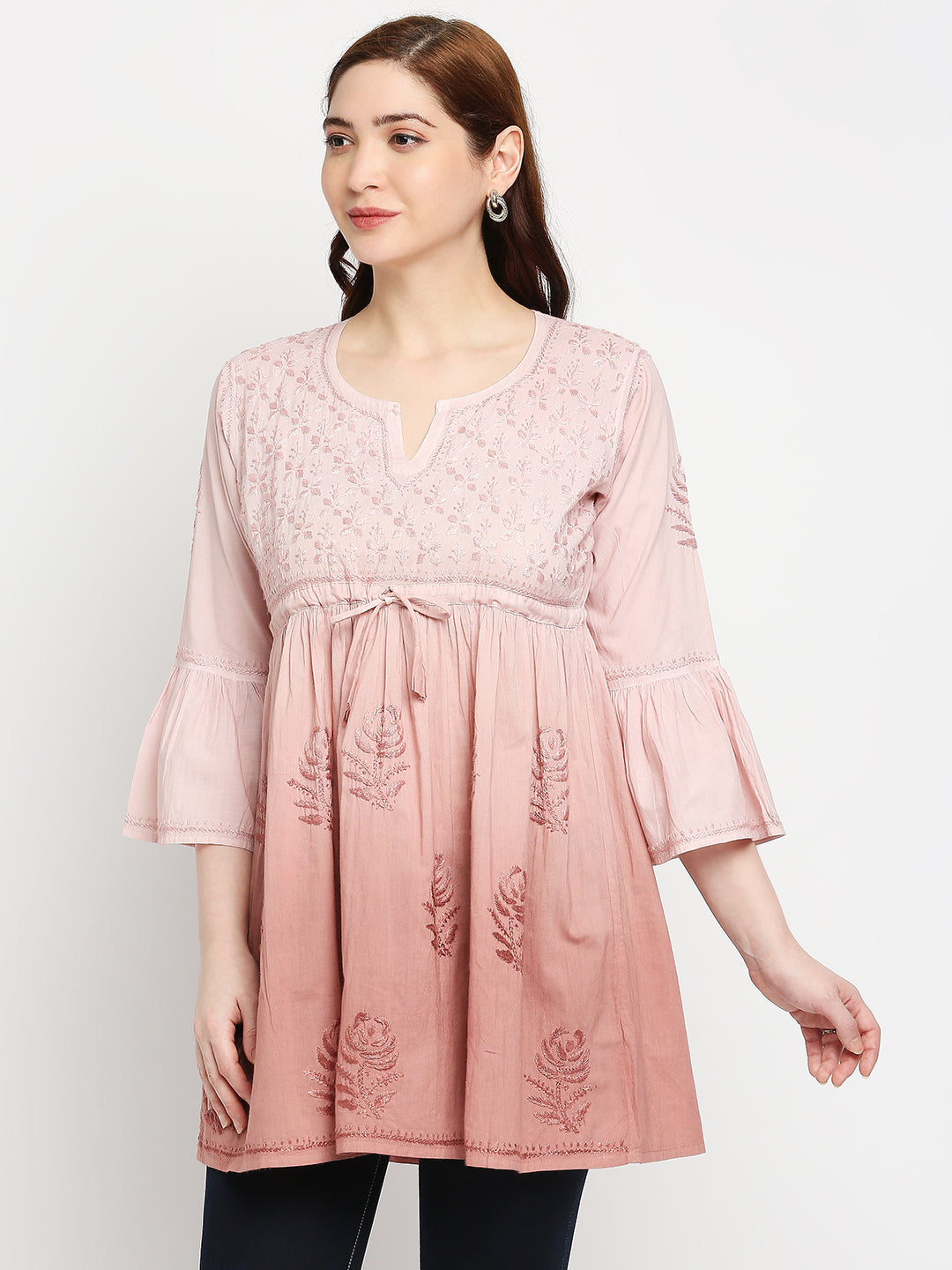 Lucknow Chikankari Hand Embroidered Peplum Fit and Flared Top Shaded Short Kurti Cotton