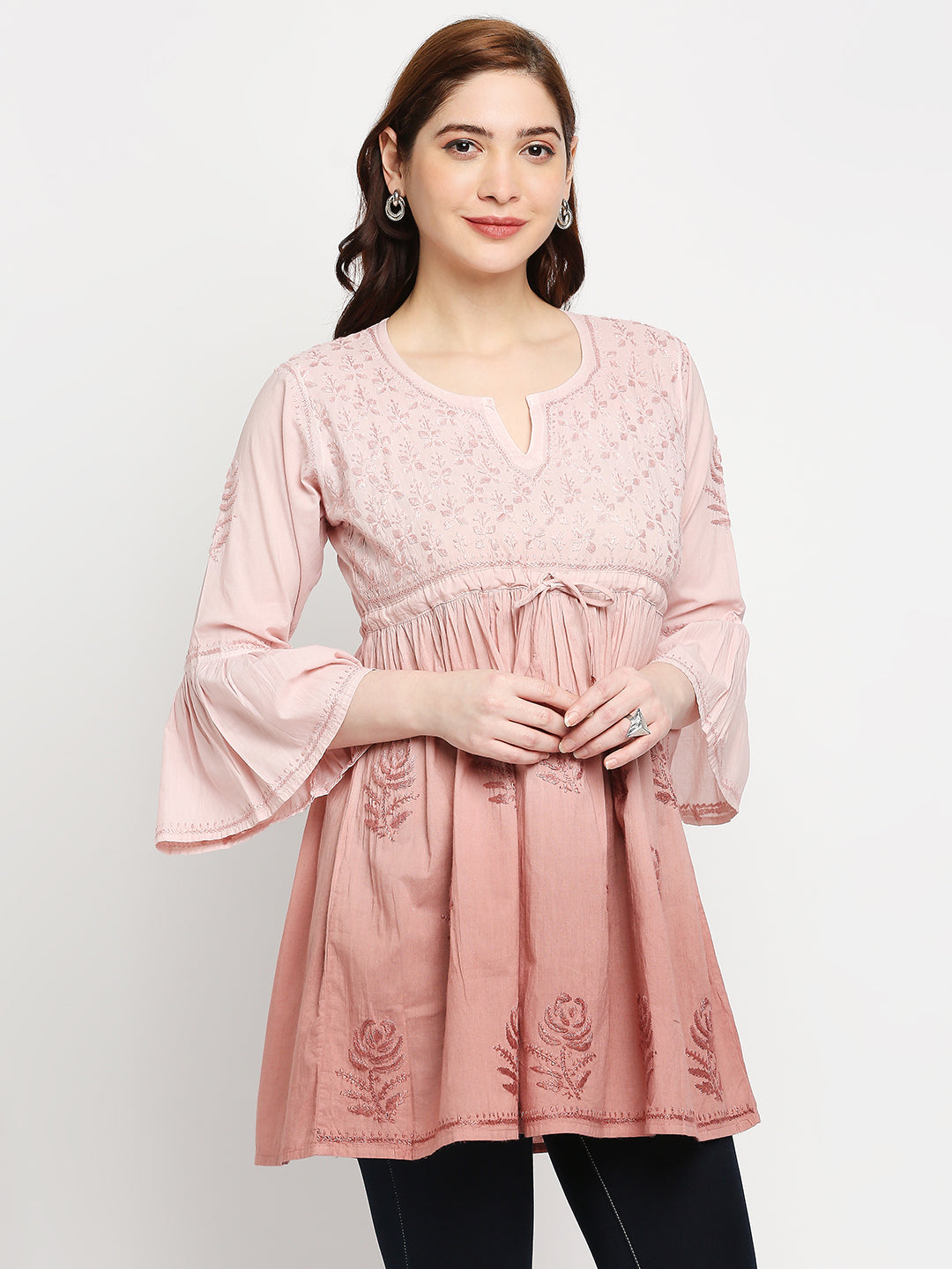 Lucknow Chikankari Hand Embroidered Peplum Fit and Flared Top Shaded Short Kurti Cotton