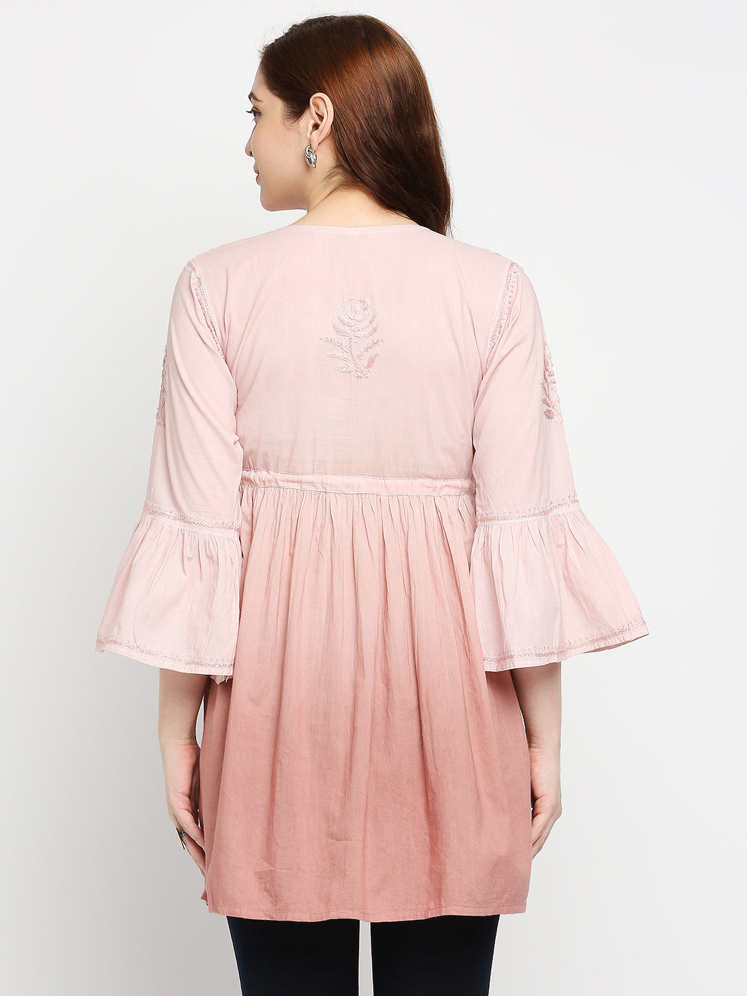 Lucknow Chikankari Hand Embroidered Peplum Fit and Flared Top Shaded Short Kurti Cotton