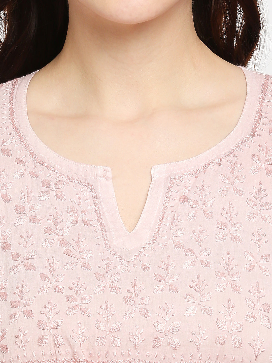 Lucknow Chikankari Hand Embroidered Peplum Fit and Flared Top Shaded Short Kurti Cotton