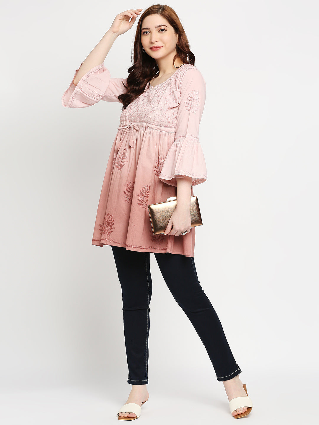 Lucknow Chikankari Hand Embroidered Peplum Fit and Flared Top Shaded Short Kurti Cotton