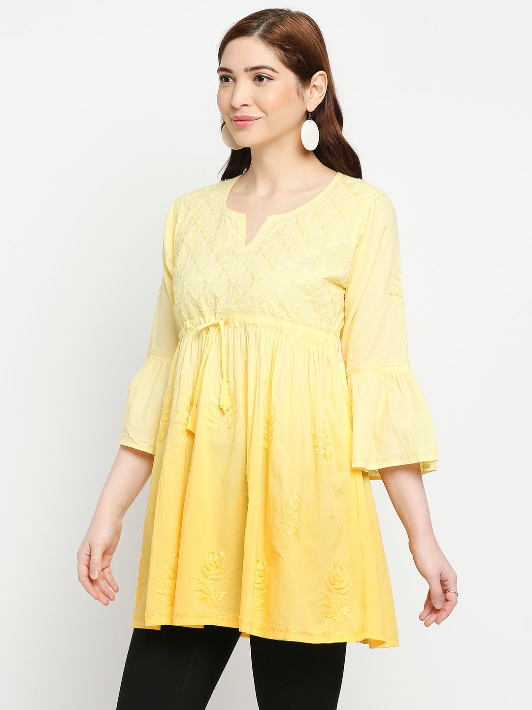 Lucknow Chikankari Hand Embroidered Peplum Fit and Flared Top Shaded Short Kurta Cotton