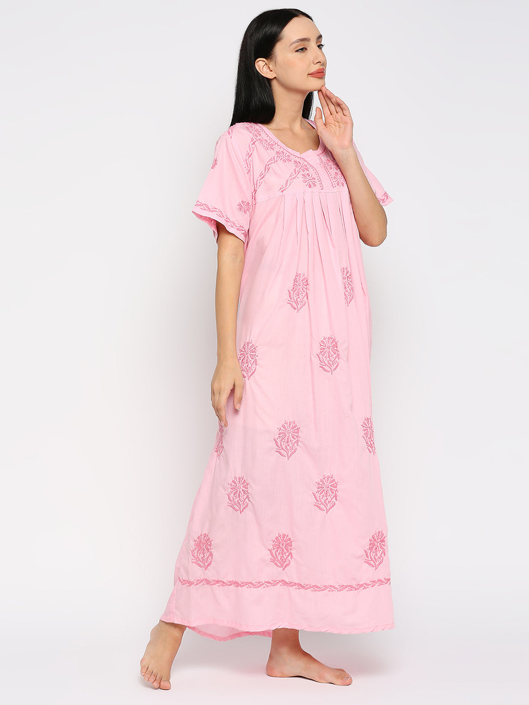 Lucknow Chikankari Handcrafted Night Gown Nighty for Women , Cotton Pink Plus