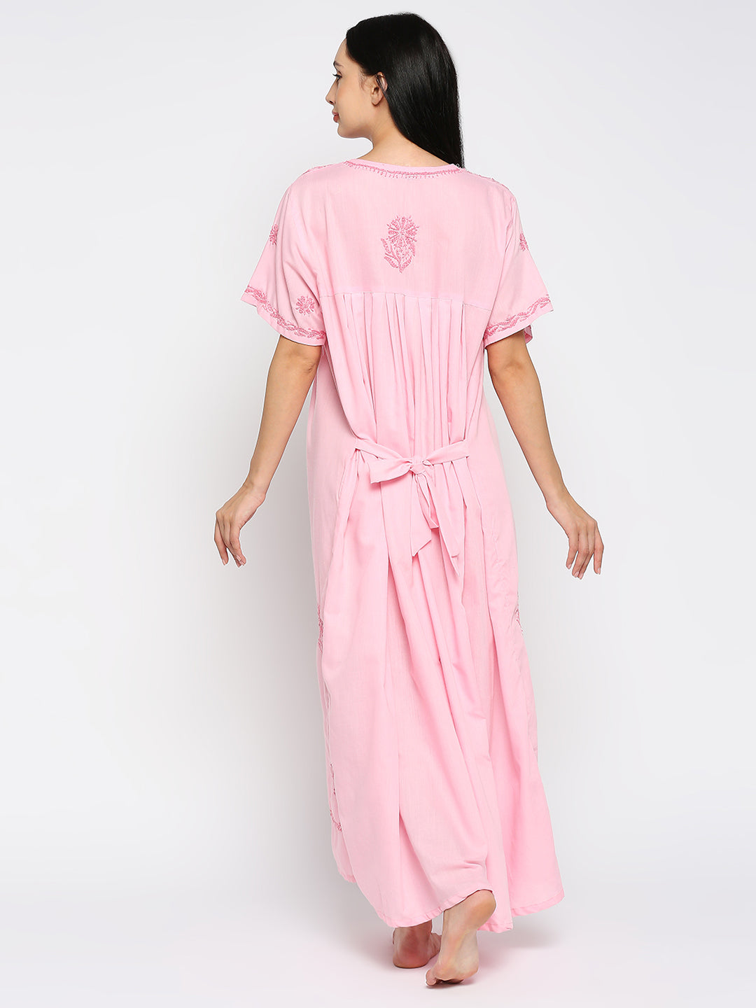 Lucknow Chikankari Handcrafted Night Gown Nighty for Women , Cotton Pink Plus