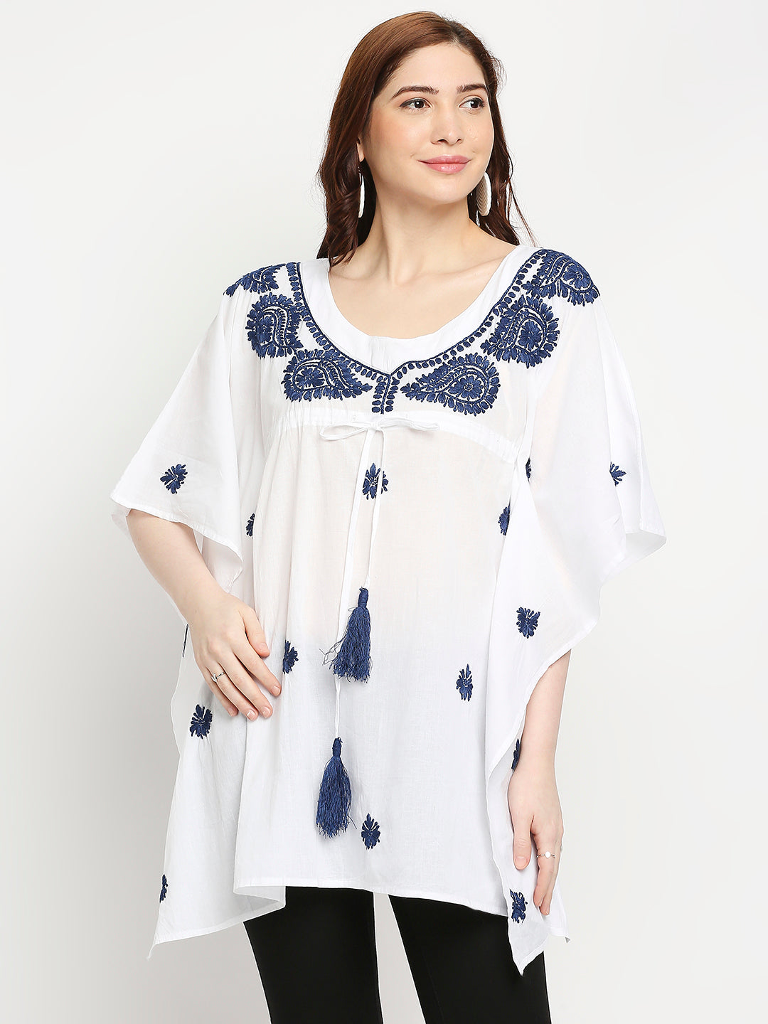 Lucknow Chikankari Hand Embroidered Top Cotton Kaftan Blue