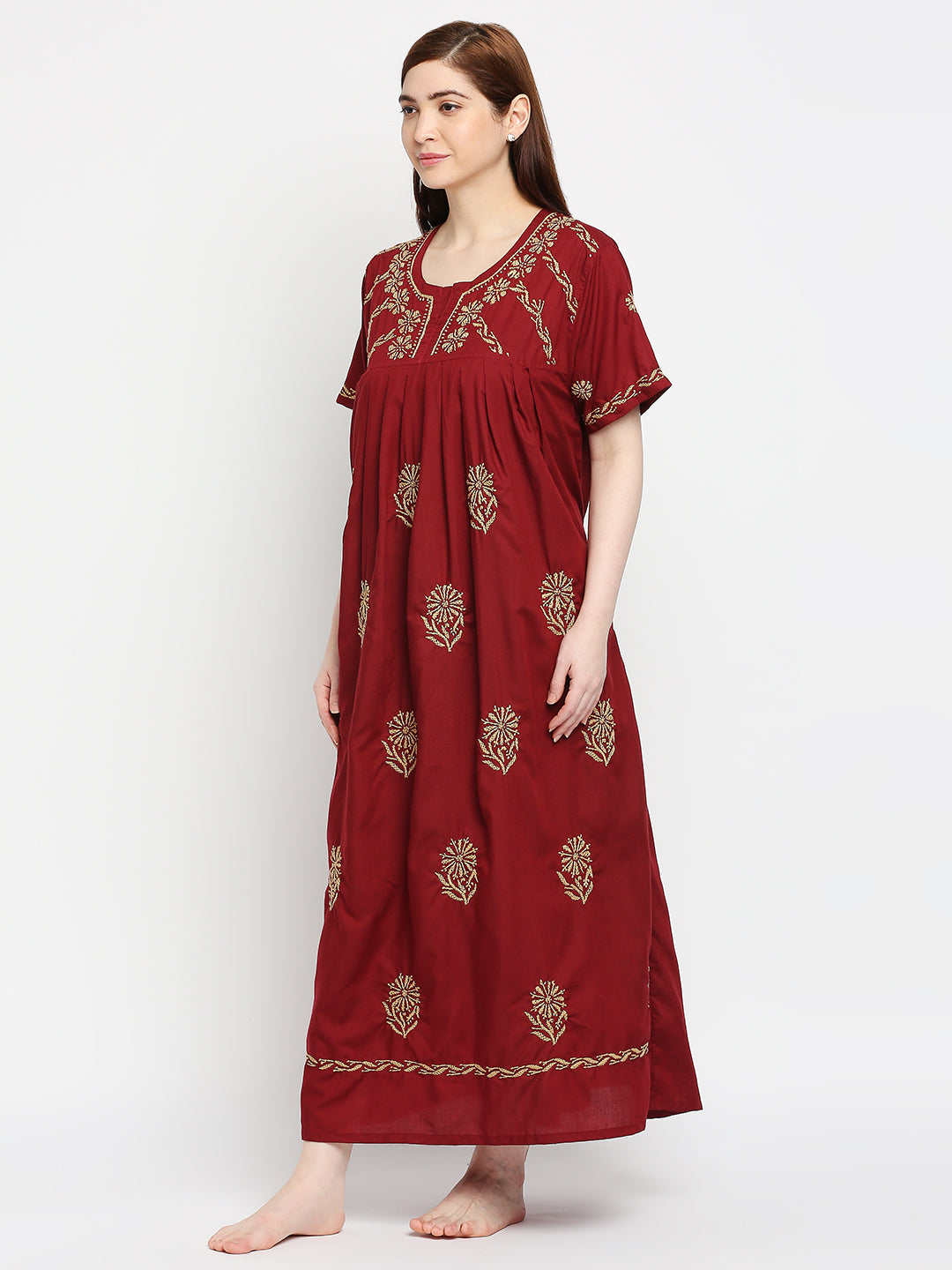 Lucknow Chikankari Handcrafted Night Gown Nighty for Women , Plus Size