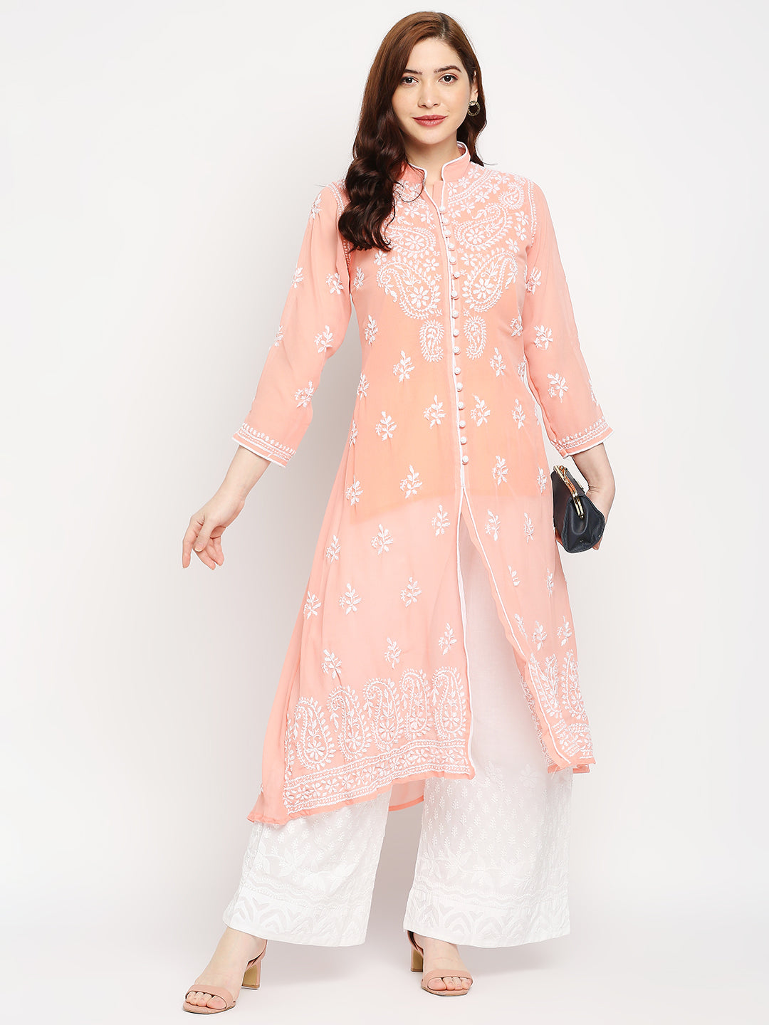 Lucknow Chikankari Hand Embroidered Kurta with Matching Inner, Georgette