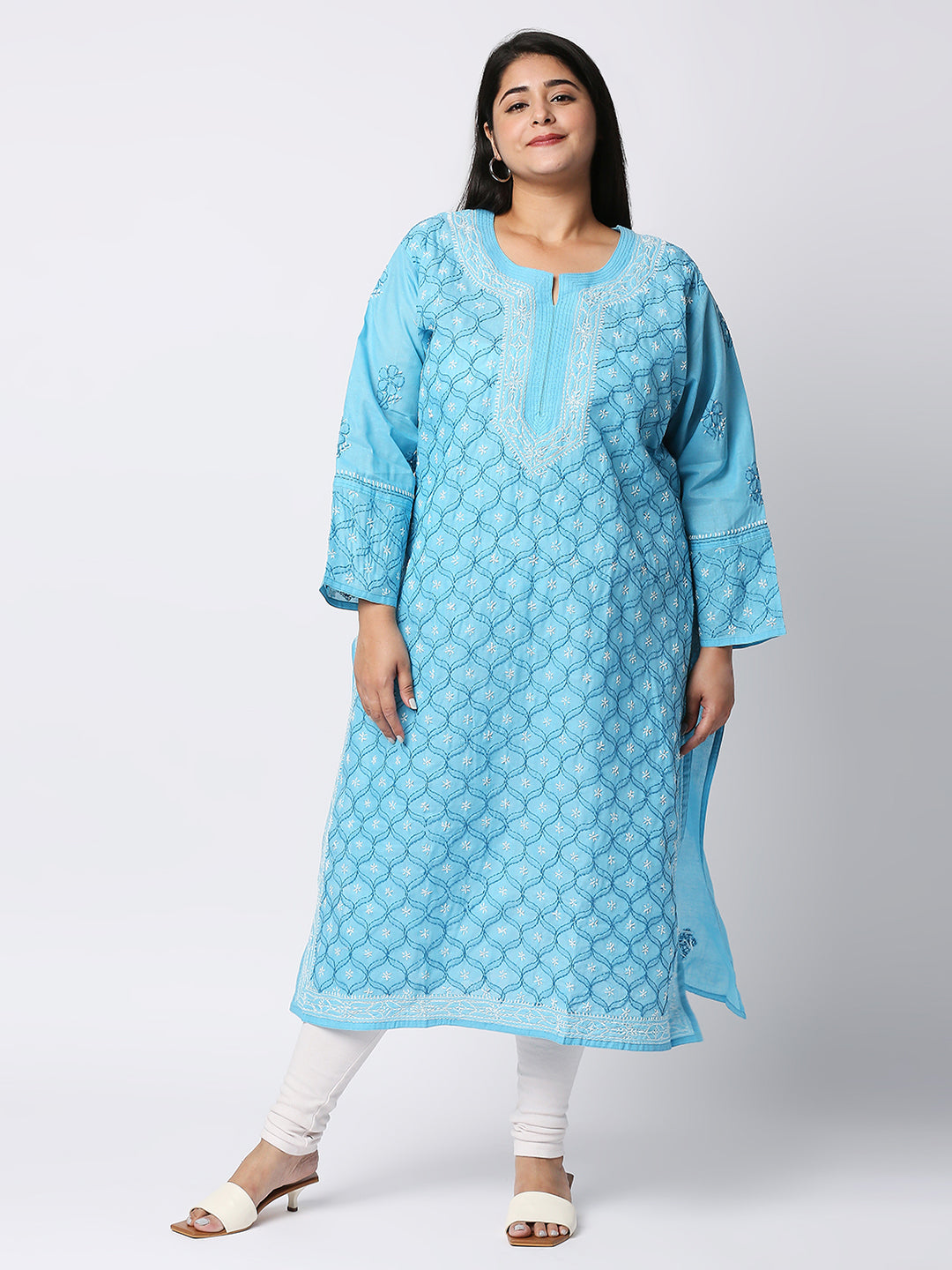 Lucknow Chikankari Hand Embroidered Long Kurti for Women, Plus Sizes