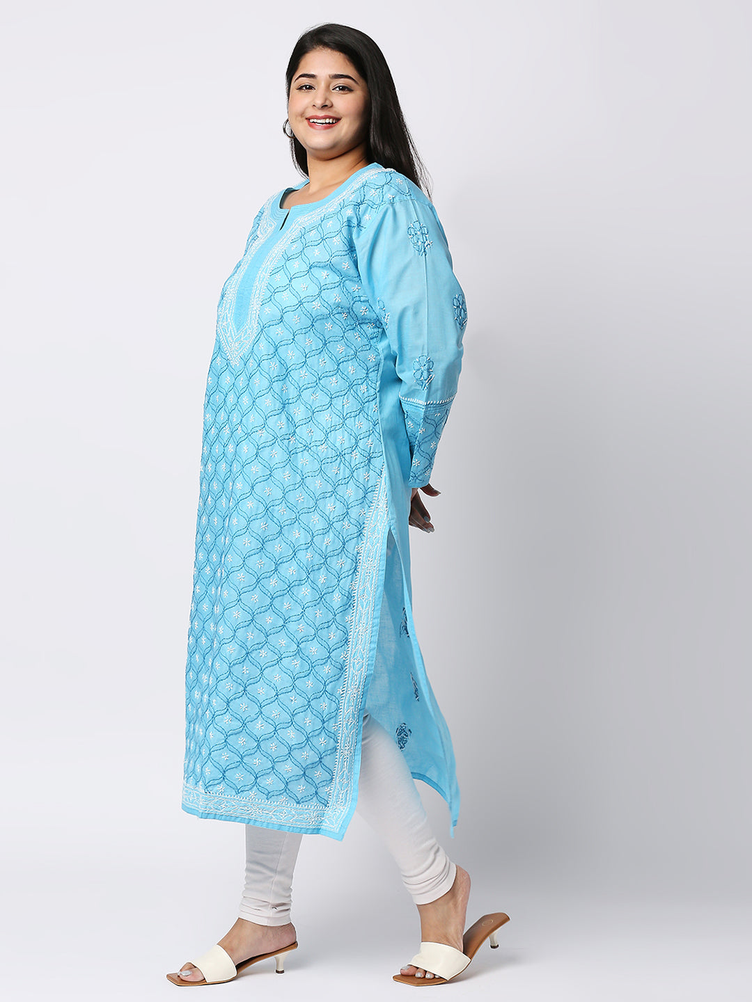 Lucknow Chikankari Hand Embroidered Long Kurti for Women, Plus Sizes