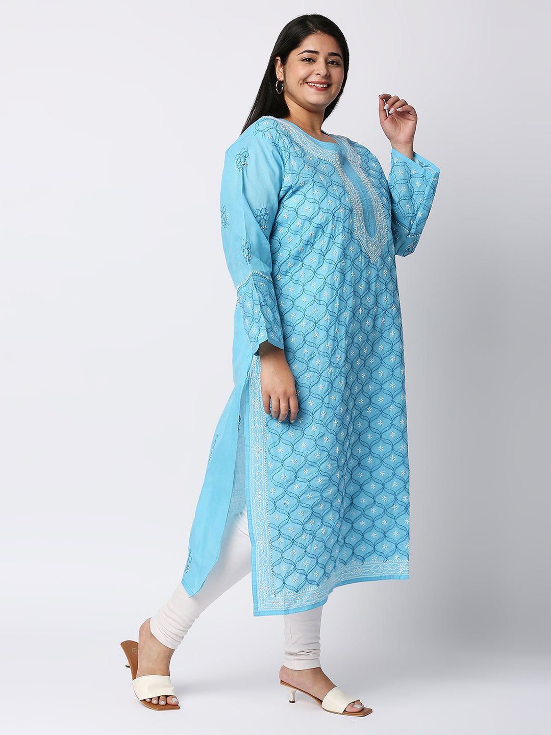 Lucknow Chikankari Hand Embroidered Long Kurti for Women, Plus Sizes