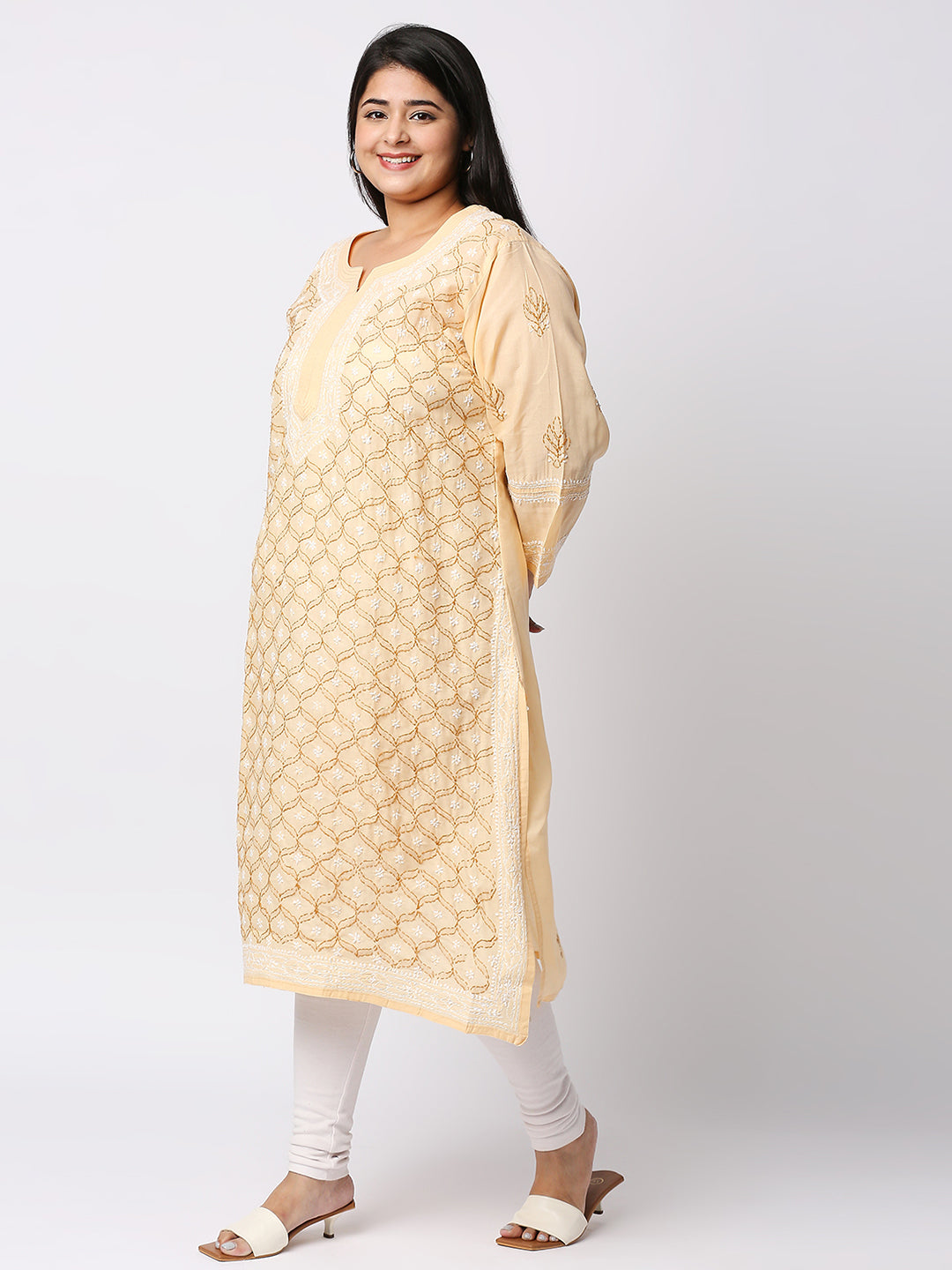 Lucknow Chikankari Hand Embroidered Long Kurti for Women, Plus Sizes