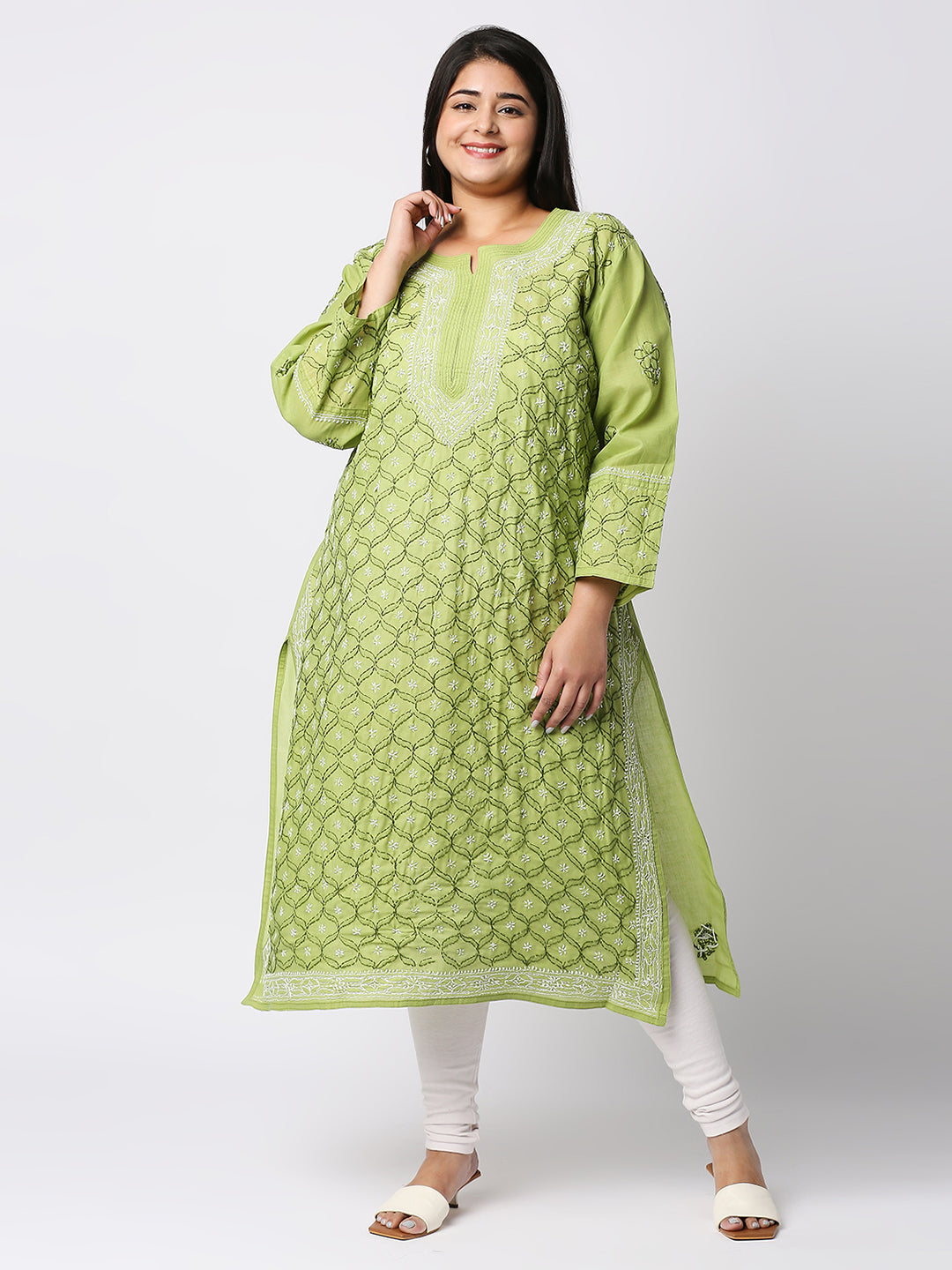 Lucknow Chikankari Hand Embroidered Long Kurti for Women, Plus Sizes