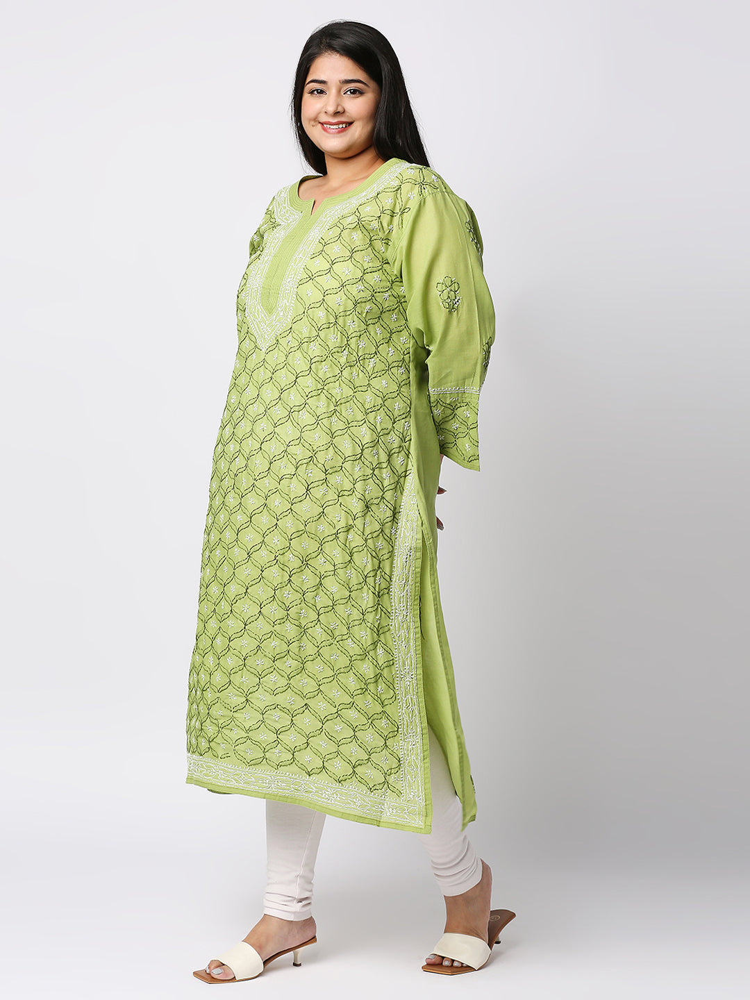 Lucknow Chikankari Hand Embroidered Long Kurti for Women, Plus Sizes