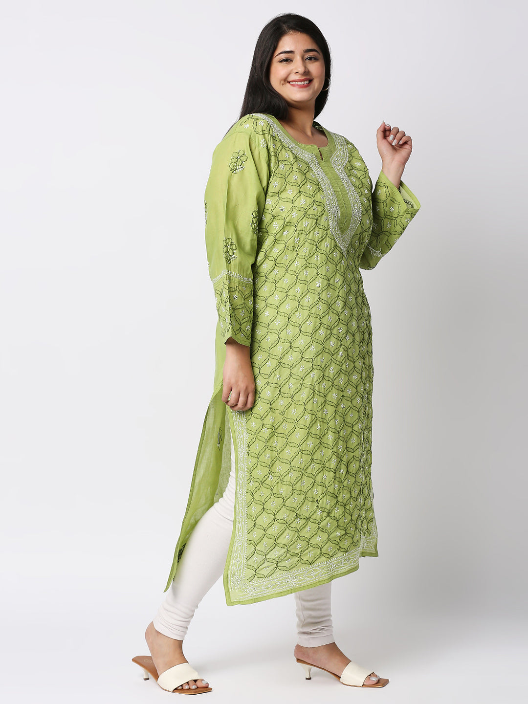 Lucknow Chikankari Hand Embroidered Long Kurti for Women, Plus Sizes