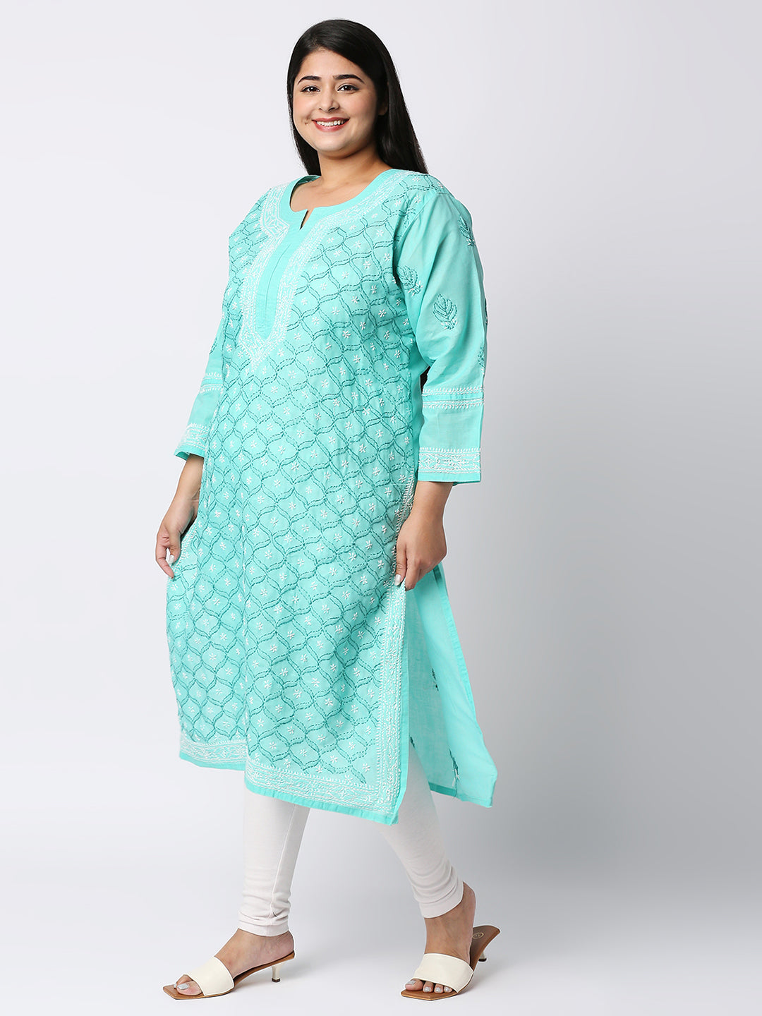 Lucknow Chikankari Hand Embroidered Long Kurti for Women, Plus Sizes