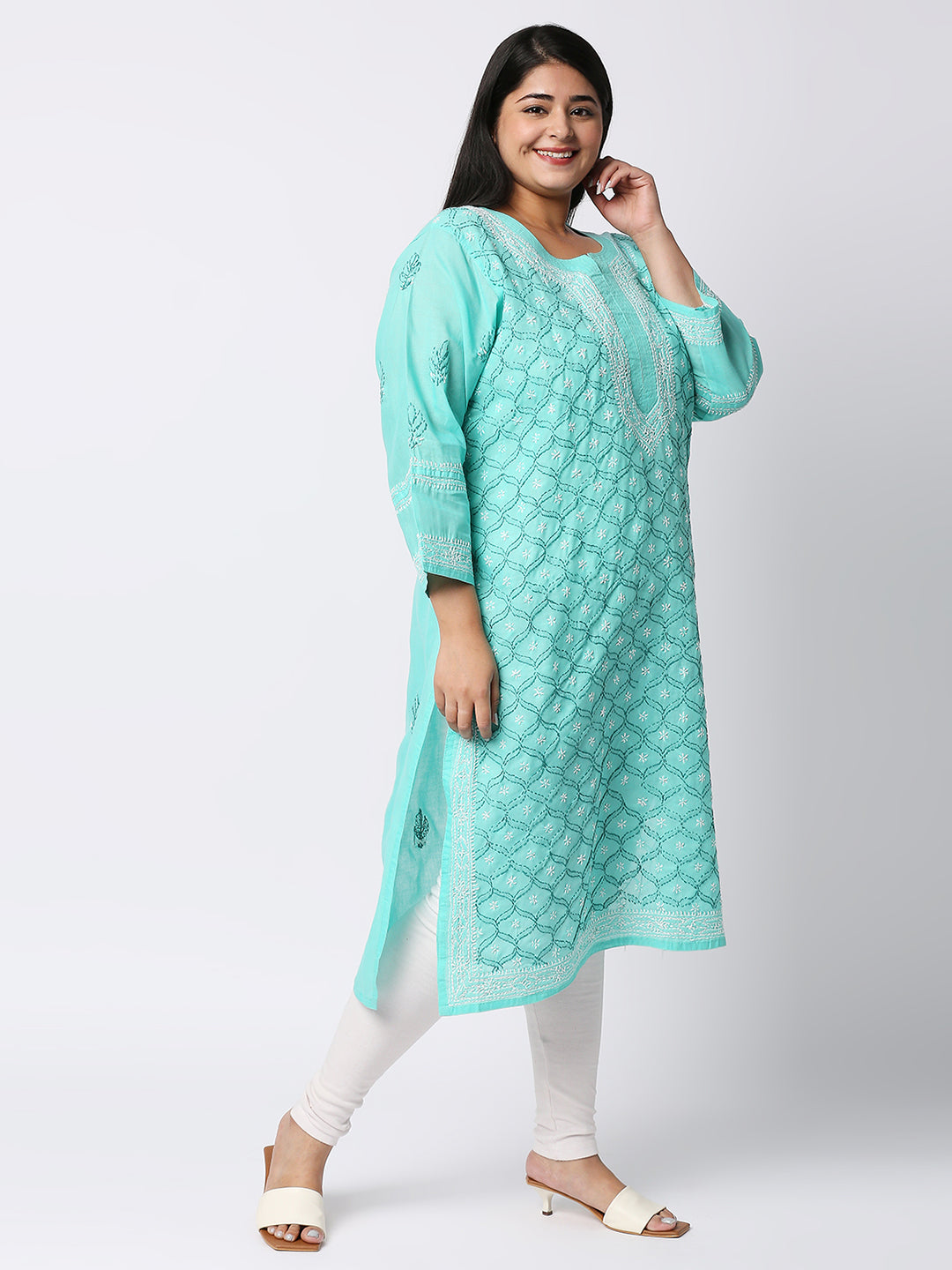 Lucknow Chikankari Hand Embroidered Long Kurti for Women, Plus Sizes