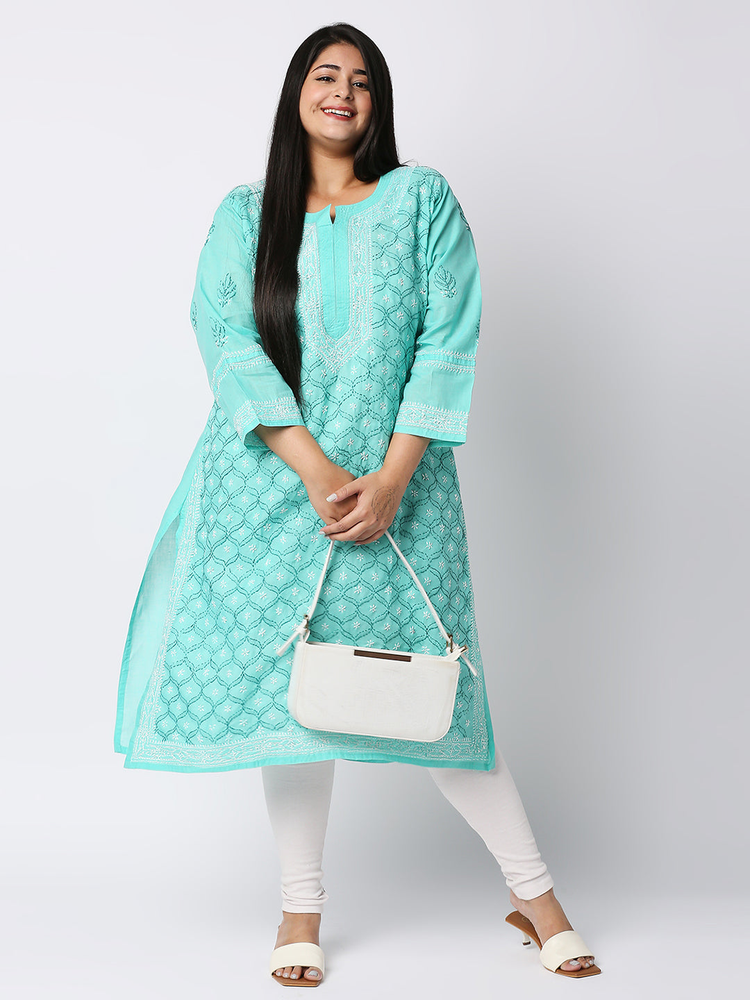 Lucknow Chikankari Hand Embroidered Long Kurti for Women, Plus Sizes