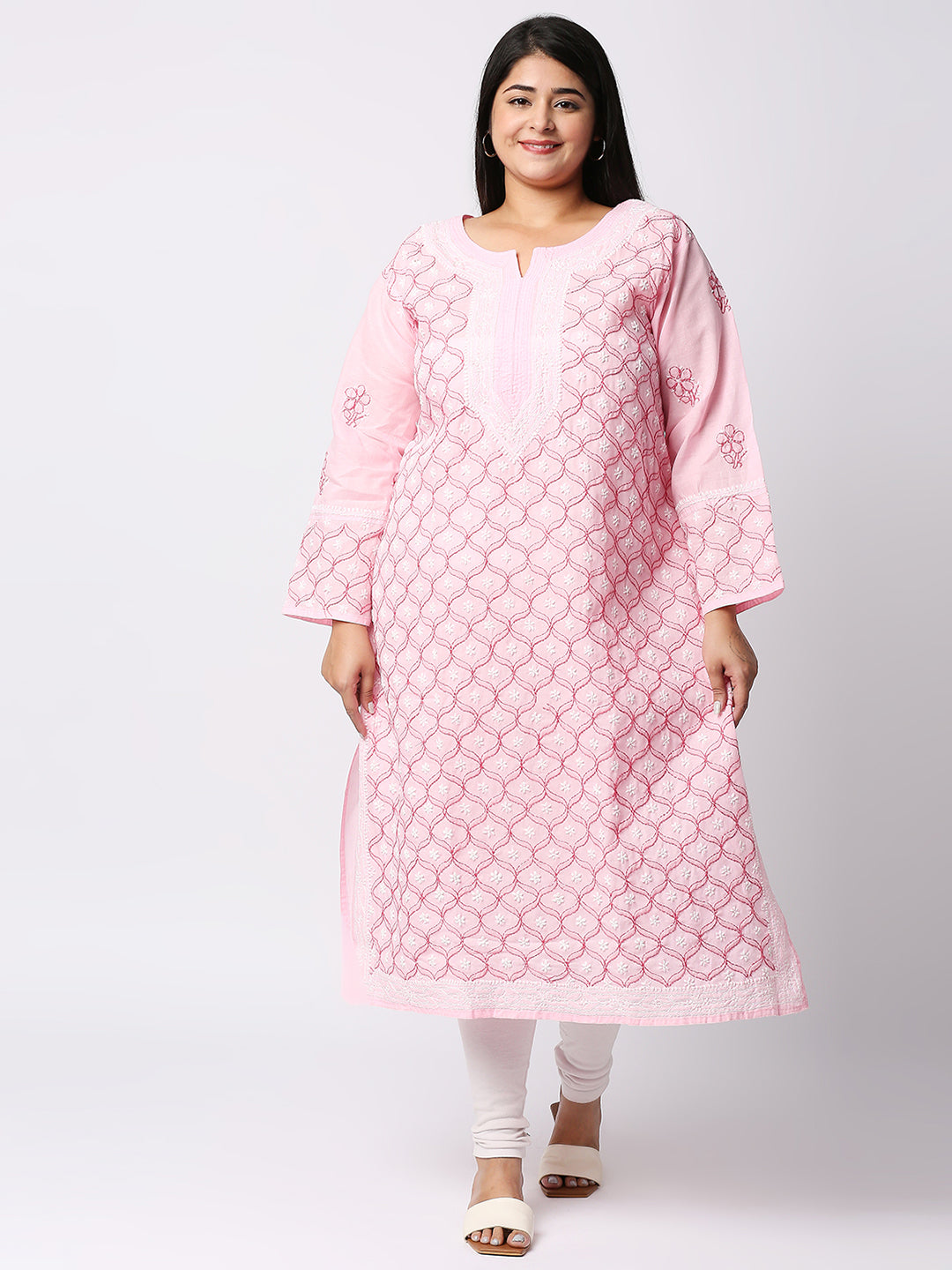 Lucknow Chikankari Hand Embroidered Long Kurti for Women, Plus Sizes