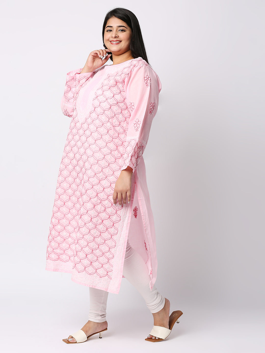 Lucknow Chikankari Hand Embroidered Long Kurti for Women, Plus Sizes