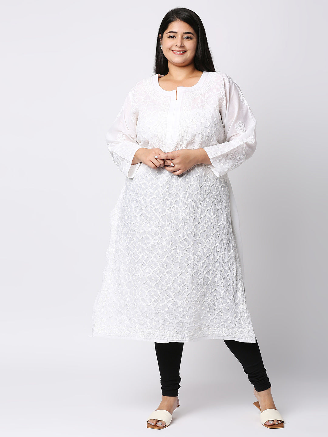 Lucknow Chikankari Hand Embroidered Long Kurti for Women, Plus Sizes