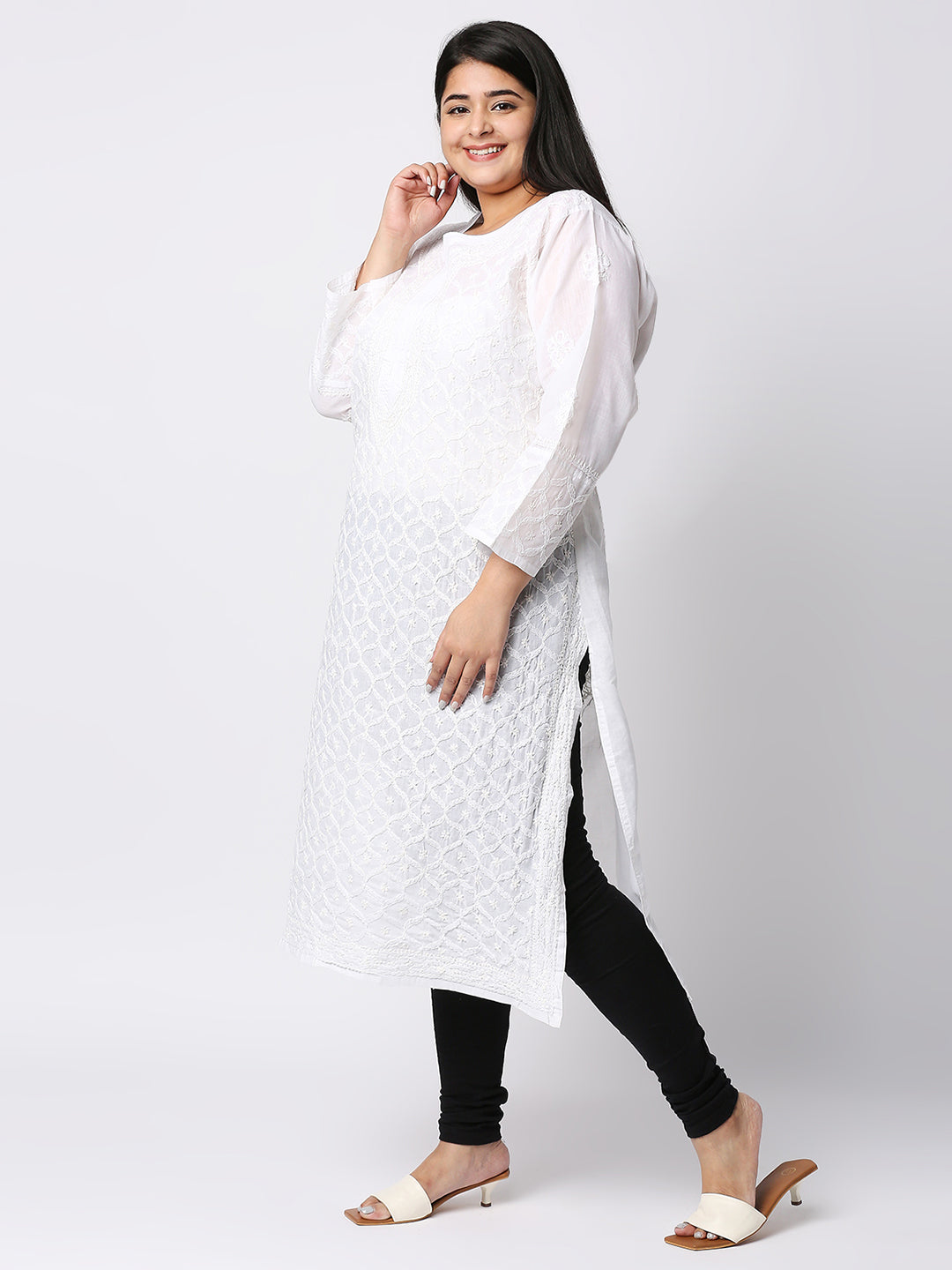 Lucknow Chikankari Hand Embroidered Long Kurti for Women, Plus Sizes