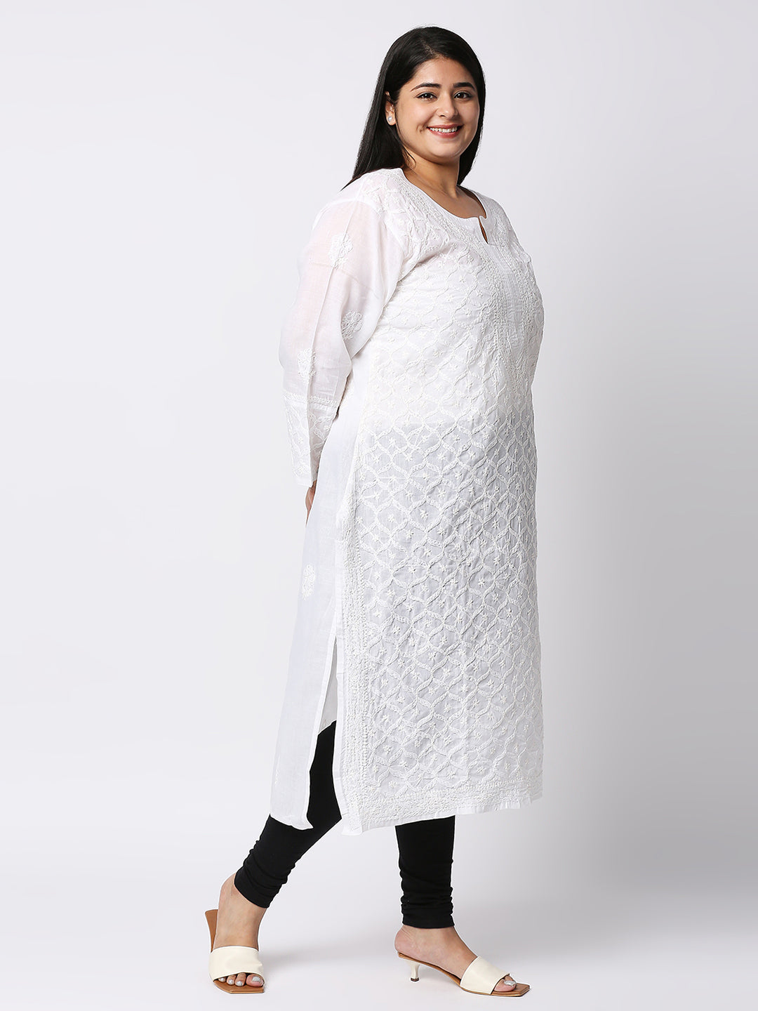 Lucknow Chikankari Hand Embroidered Long Kurti for Women, Plus Sizes