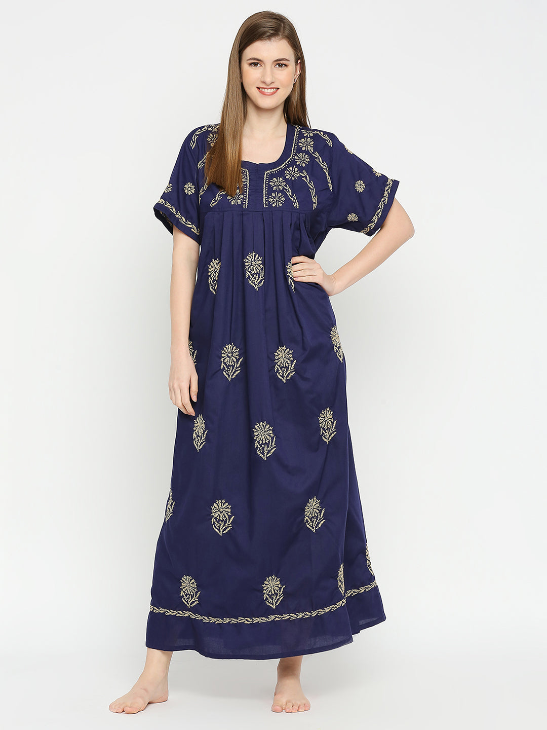 Lucknow Chikankari Handcrafted Night Gown Nighty for Women , Cotton Royal Blue