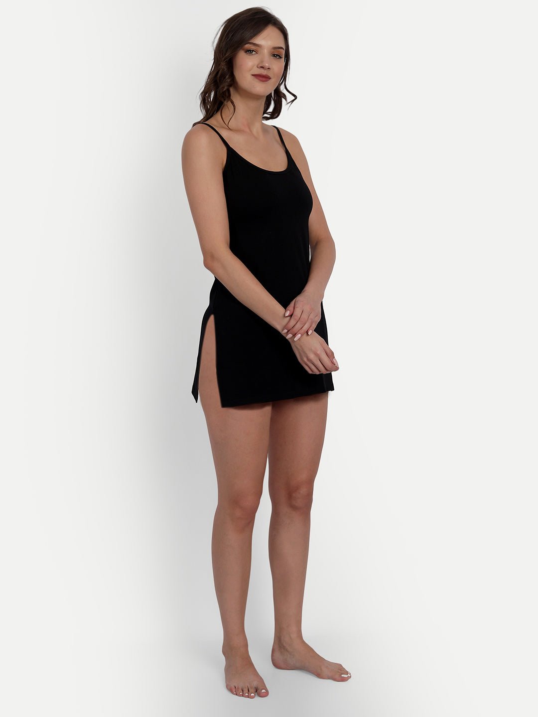 Camisole Cotton Lycra Slip Spaghetti Tank Top with Adjustable Straps Black - Indiankala4u