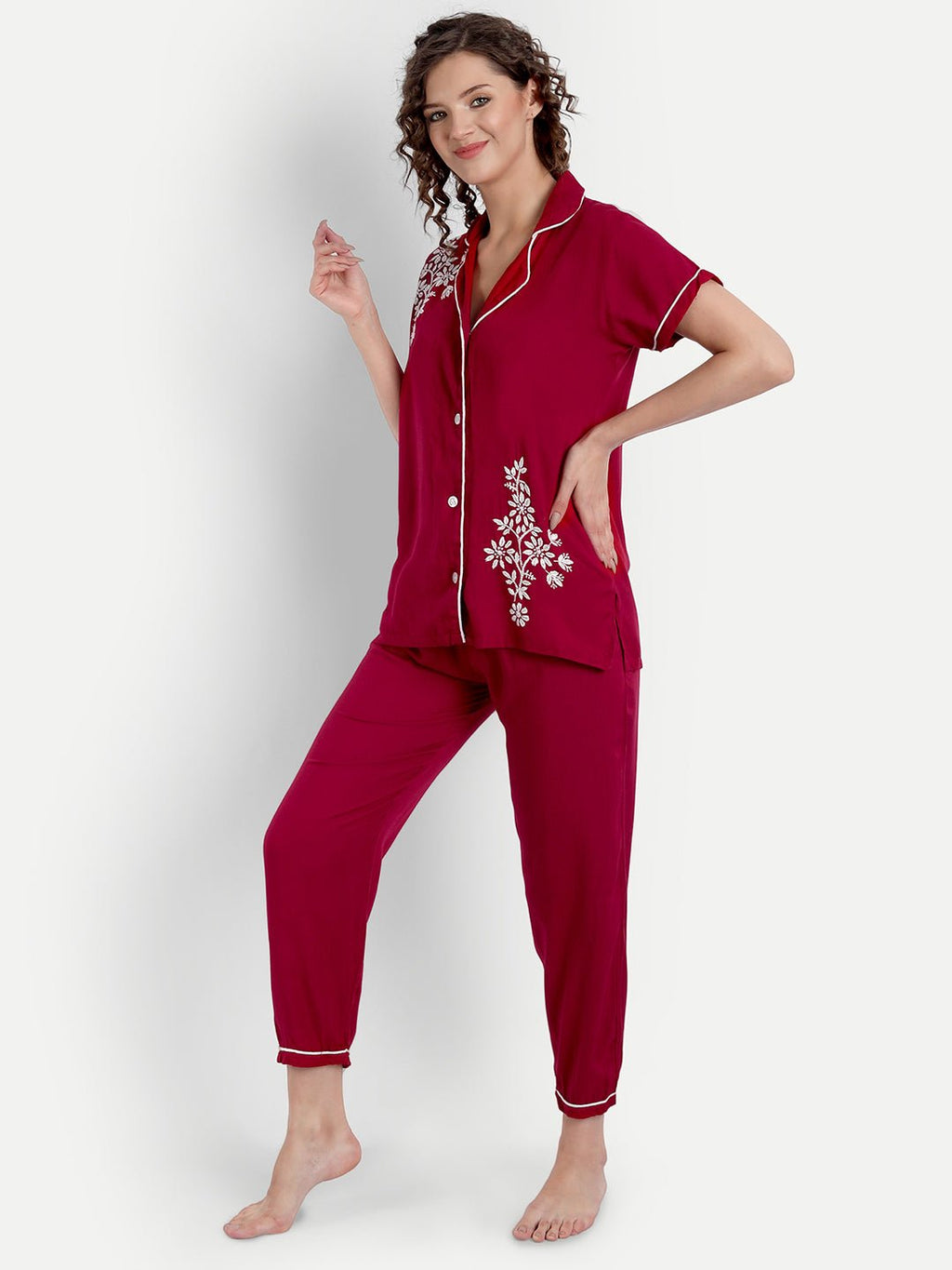 Chikankari Hand Embroidered 2 Piece Night Suit - Indiankala4u