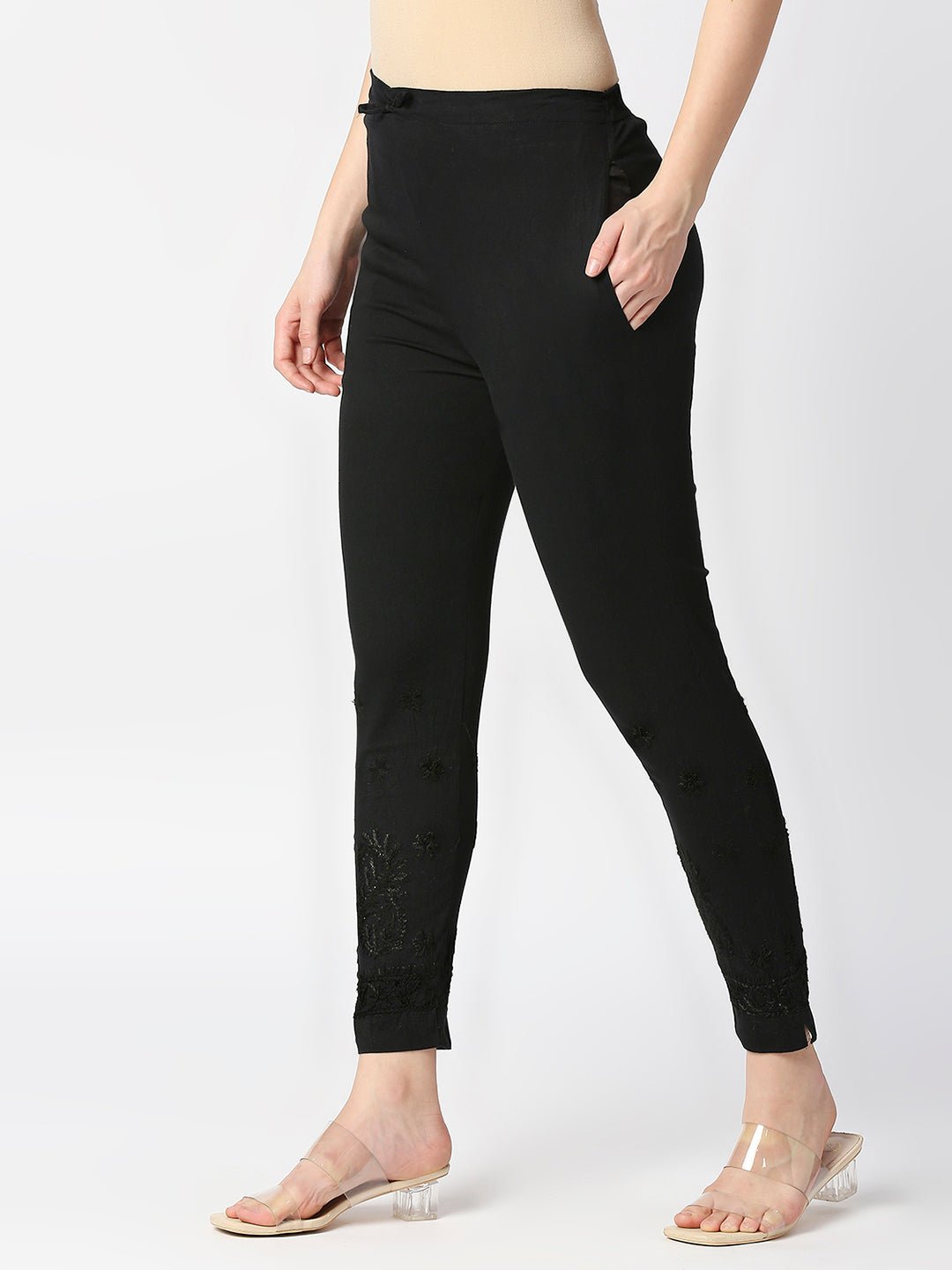 Chikankari Hand Embroidered Cotton Lycra CigarettePants Black - Indiankala4u