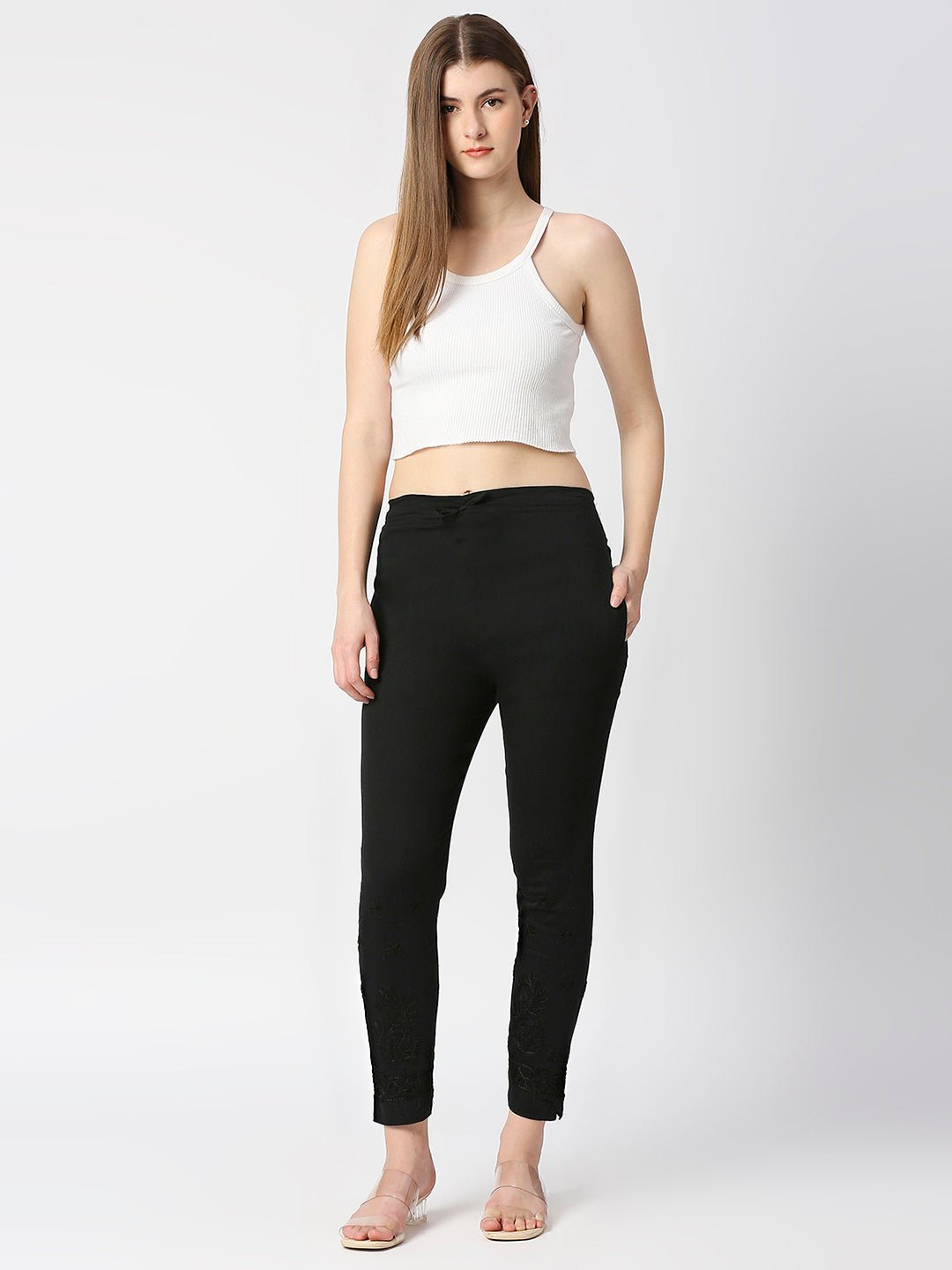 Chikankari Hand Embroidered Cotton Lycra CigarettePants Black - Indiankala4u