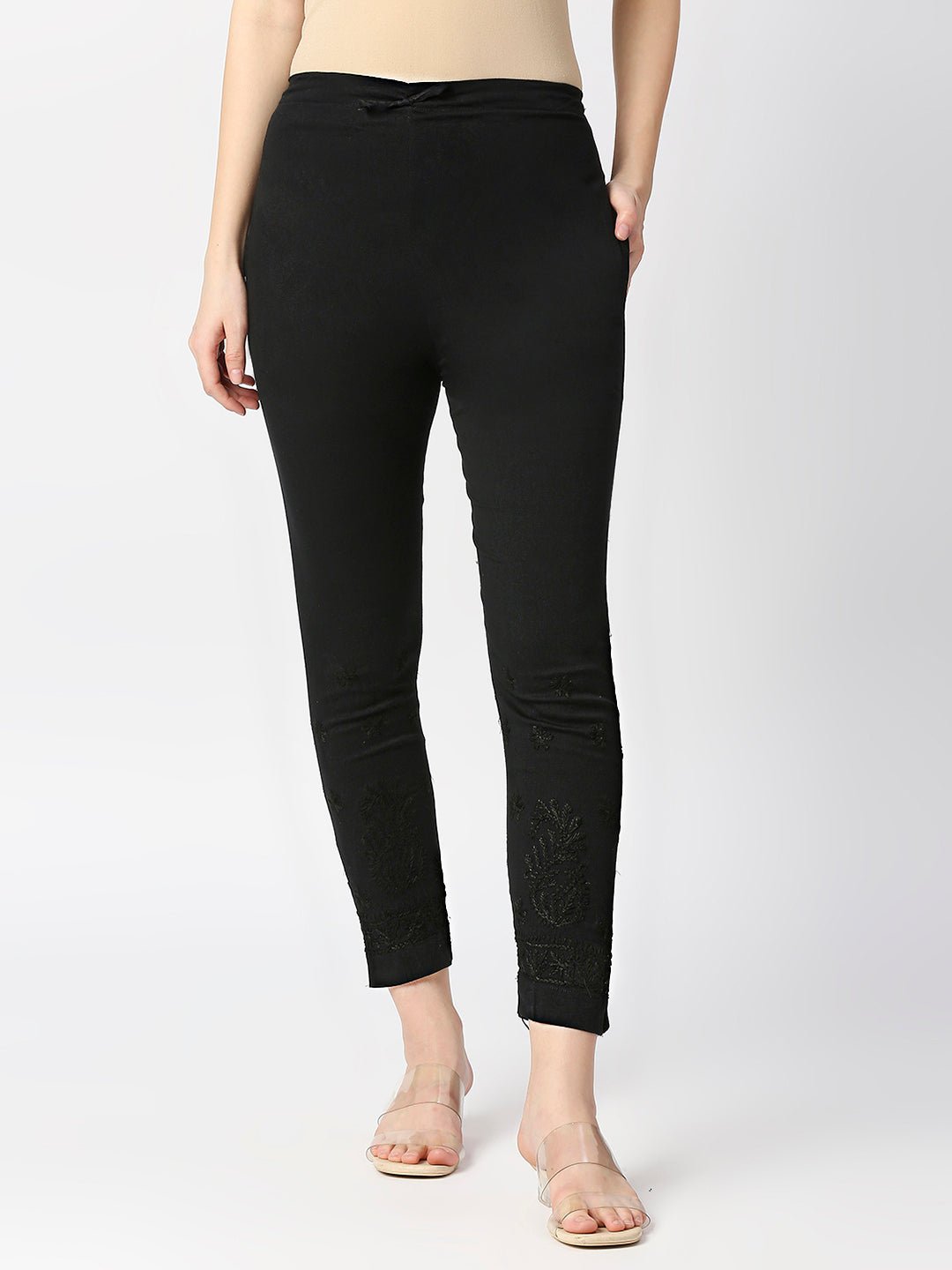 Chikankari Hand Embroidered Cotton Lycra CigarettePants Black - Indiankala4u