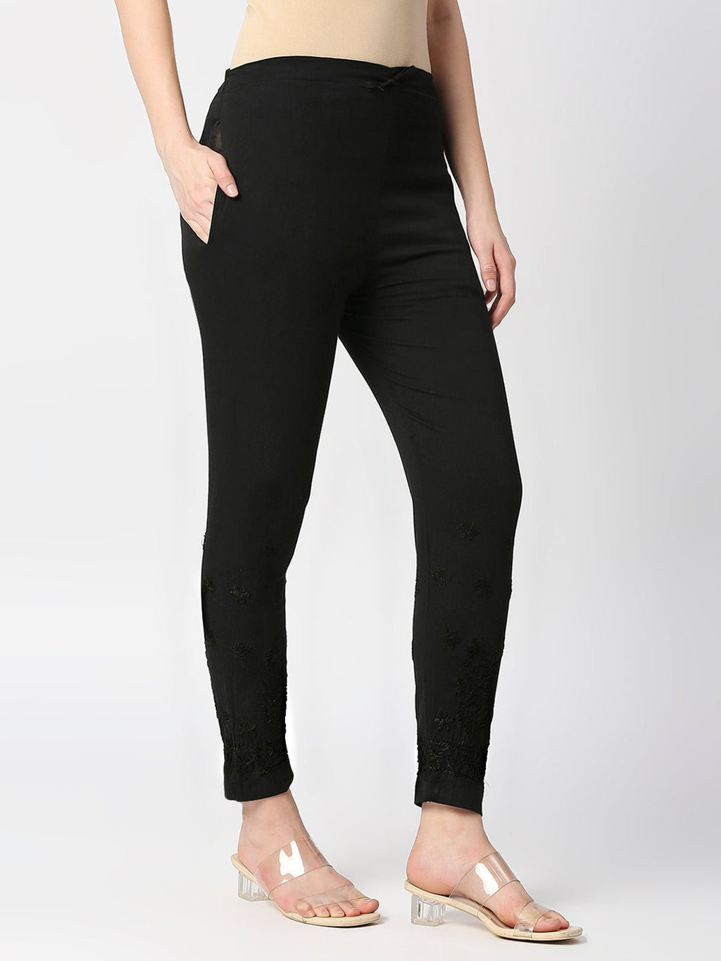 Chikankari Hand Embroidered Cotton Lycra CigarettePants Black - Indiankala4u