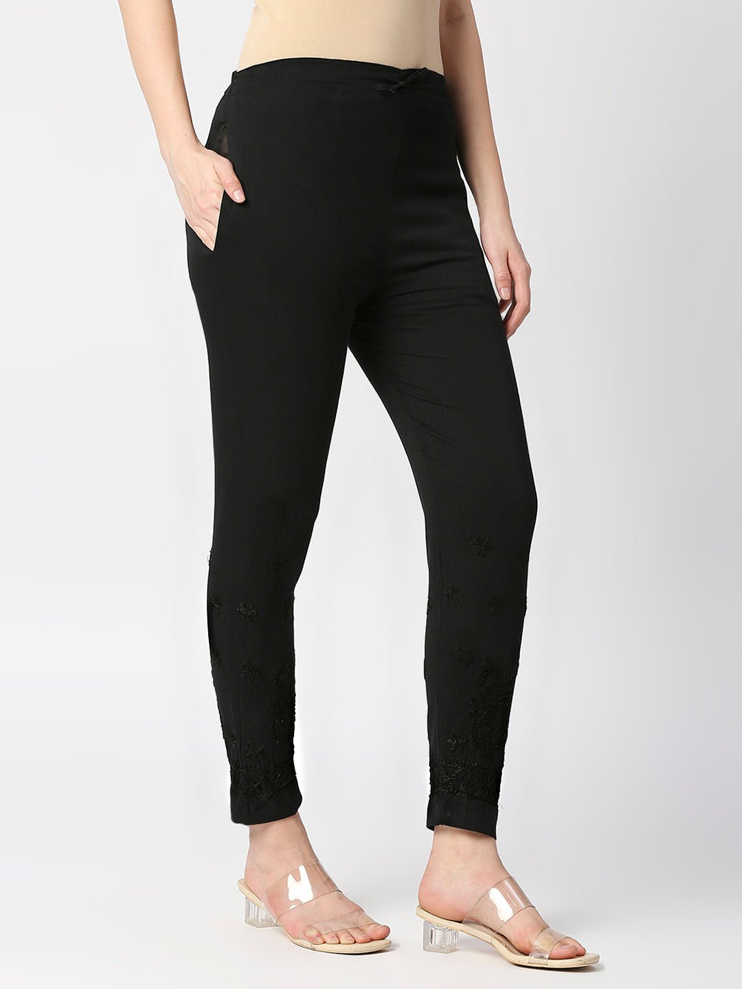 Chikankari Hand Embroidered Cotton Lycra CigarettePants Black - Indiankala4u