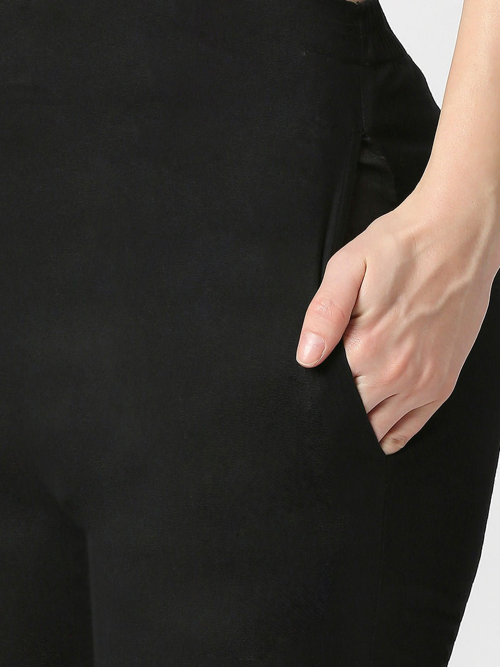 Chikankari Hand Embroidered Cotton Lycra CigarettePants Black - Indiankala4u