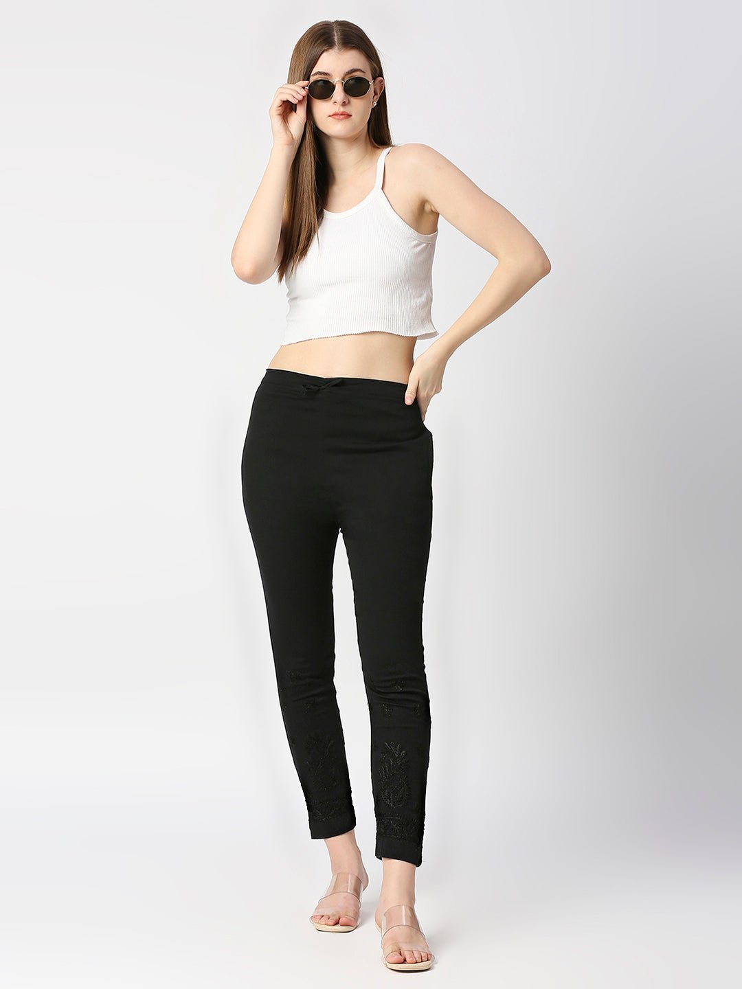 Chikankari Hand Embroidered Cotton Lycra CigarettePants Black - Indiankala4u