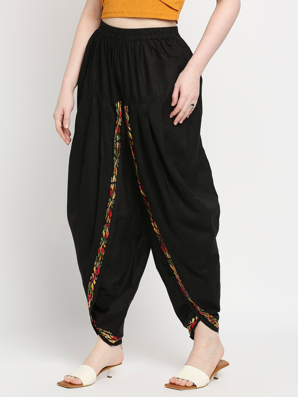 Chikankari Hand Embroidered Dhoti Salwar Tulip Pants Palazzo Black - Indiankala4u