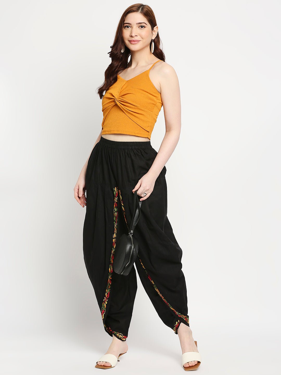 Chikankari Hand Embroidered Dhoti Salwar Tulip Pants Palazzo Black - Indiankala4u