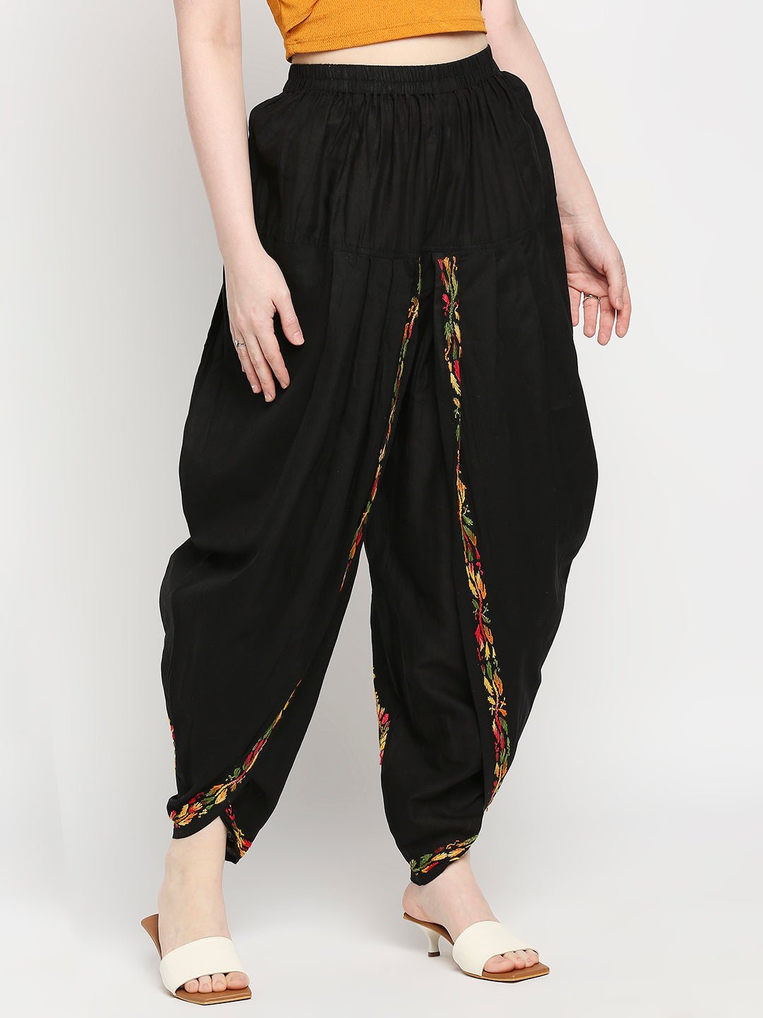 Chikankari Hand Embroidered Dhoti Salwar Tulip Pants Palazzo Black - Indiankala4u
