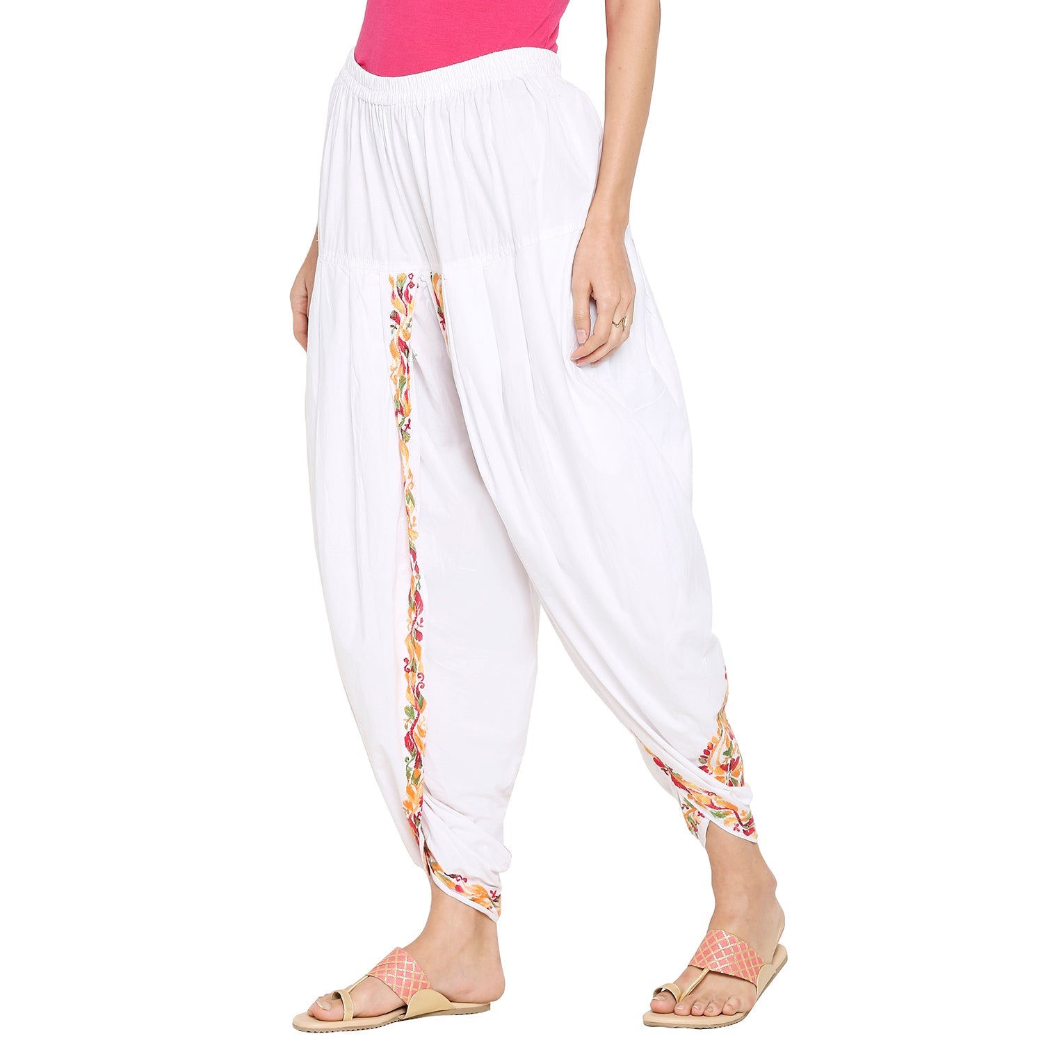 Chikankari Hand Embroidered Dhoti Salwar Tulip Pants Palazzo White - Indiankala4u
