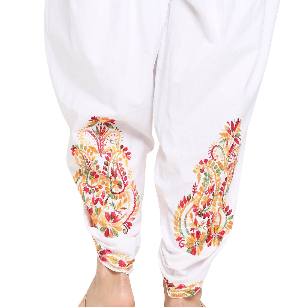 Chikankari Hand Embroidered Dhoti Salwar Tulip Pants Palazzo White - Indiankala4u