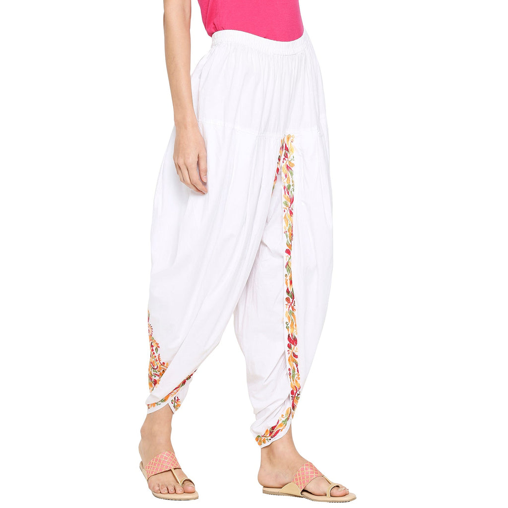 Chikankari Hand Embroidered Dhoti Salwar Tulip Pants Palazzo White - Indiankala4u